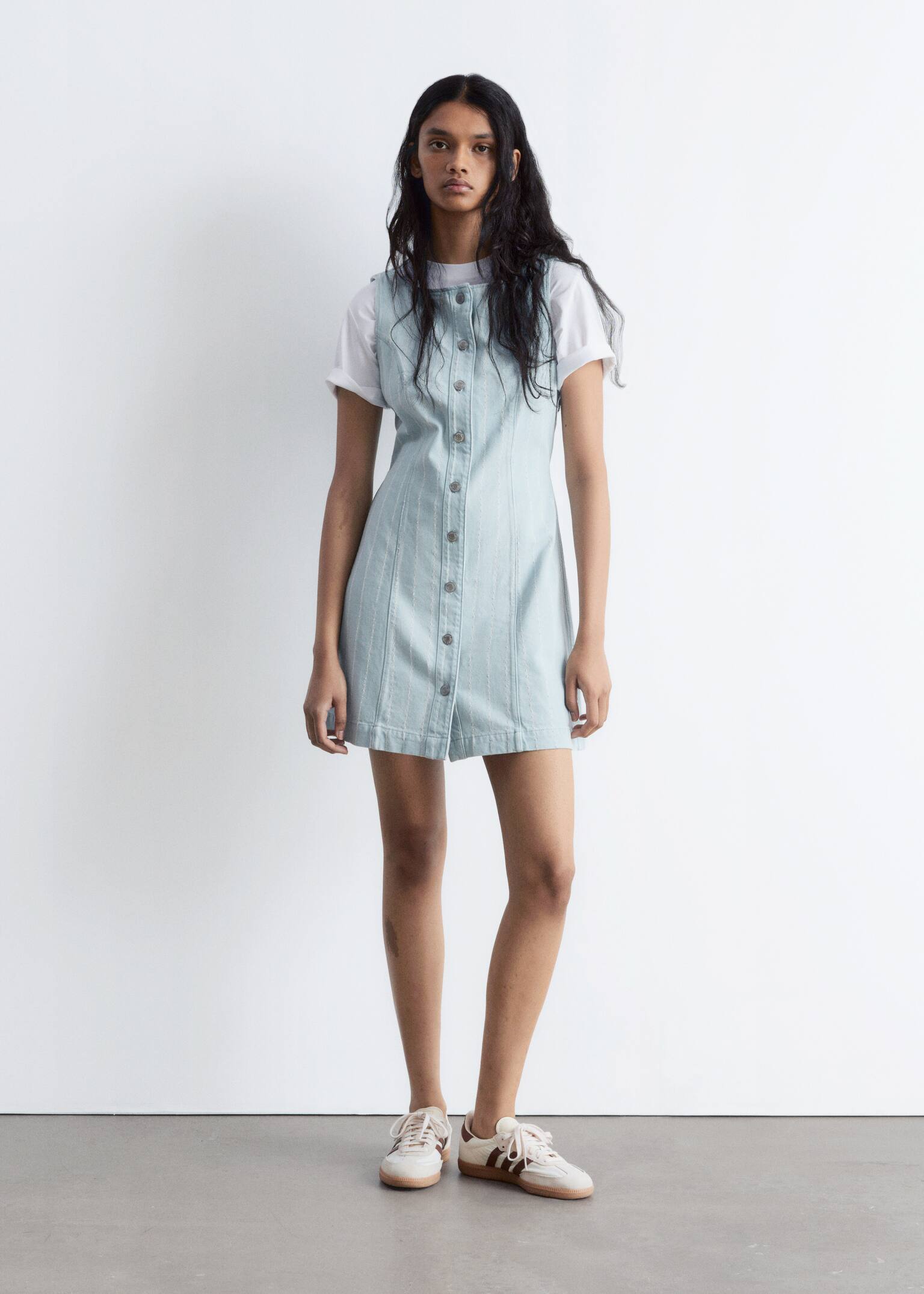 A-Line Denim Mini Dress - Light Blue Stripes