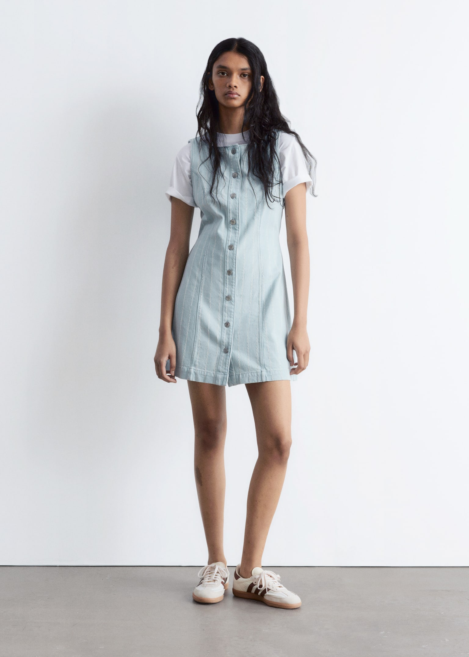 A-Line Denim Mini Dress - Light Blue Stripes