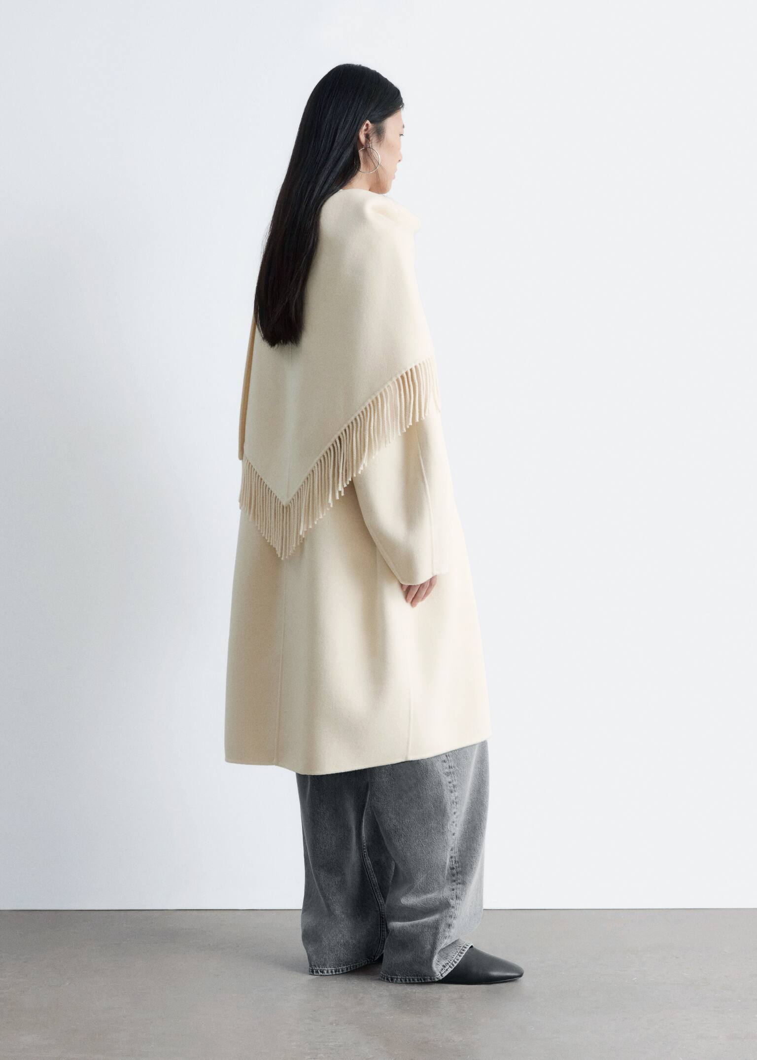 Fringed Shawl Wool Coat - Cream/Black - 3