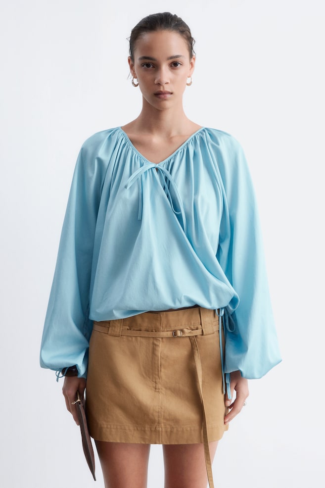 Blusa cruzada de algodón - Azul claro/Negro - 1