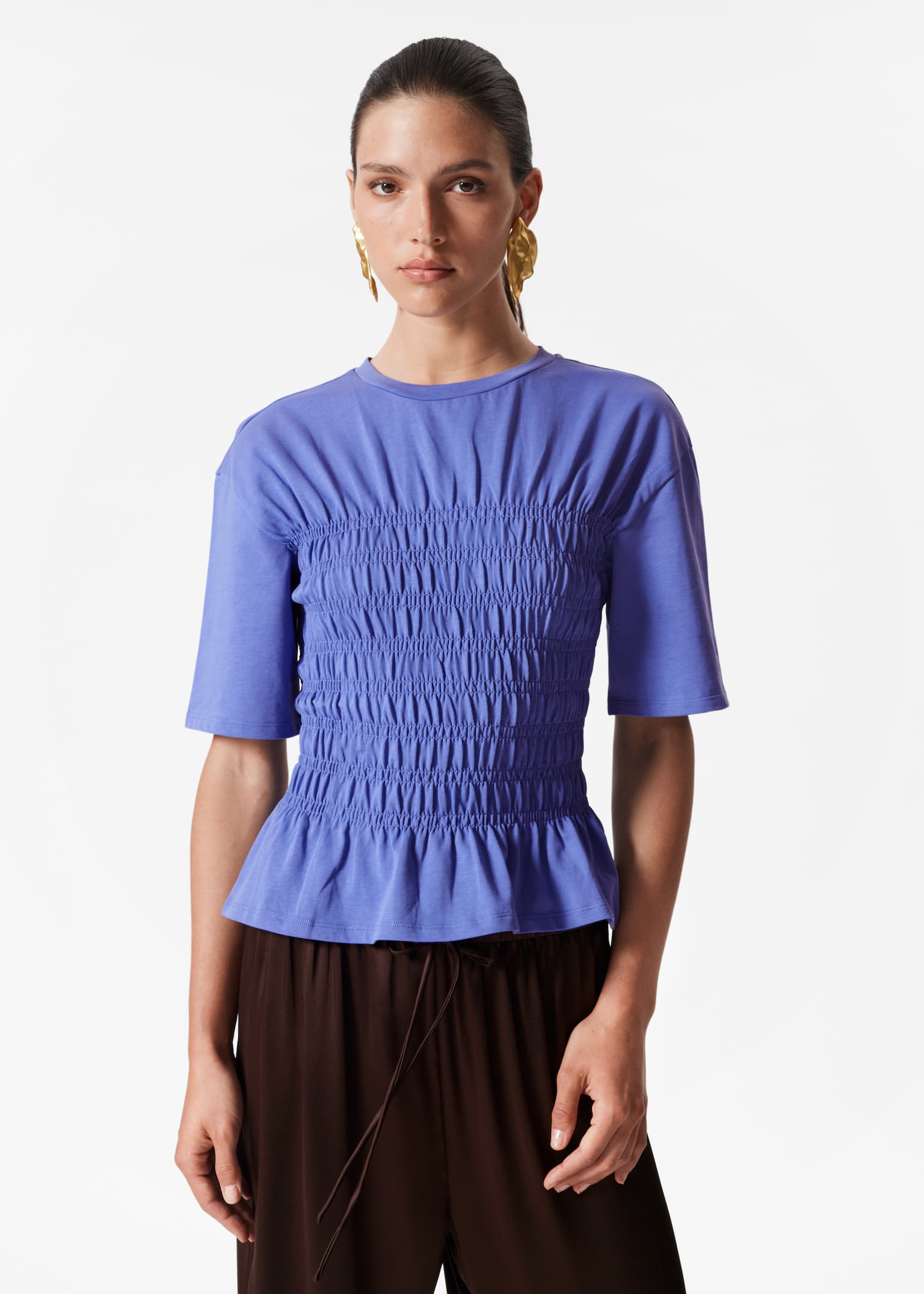 Maglia girocollo con lavorazione smock - Blu/Bianco/Lavanda