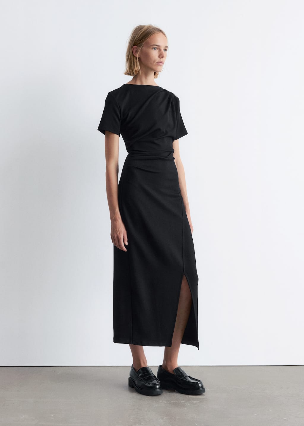 Image of Draped Short-Sleeve Midi Dress