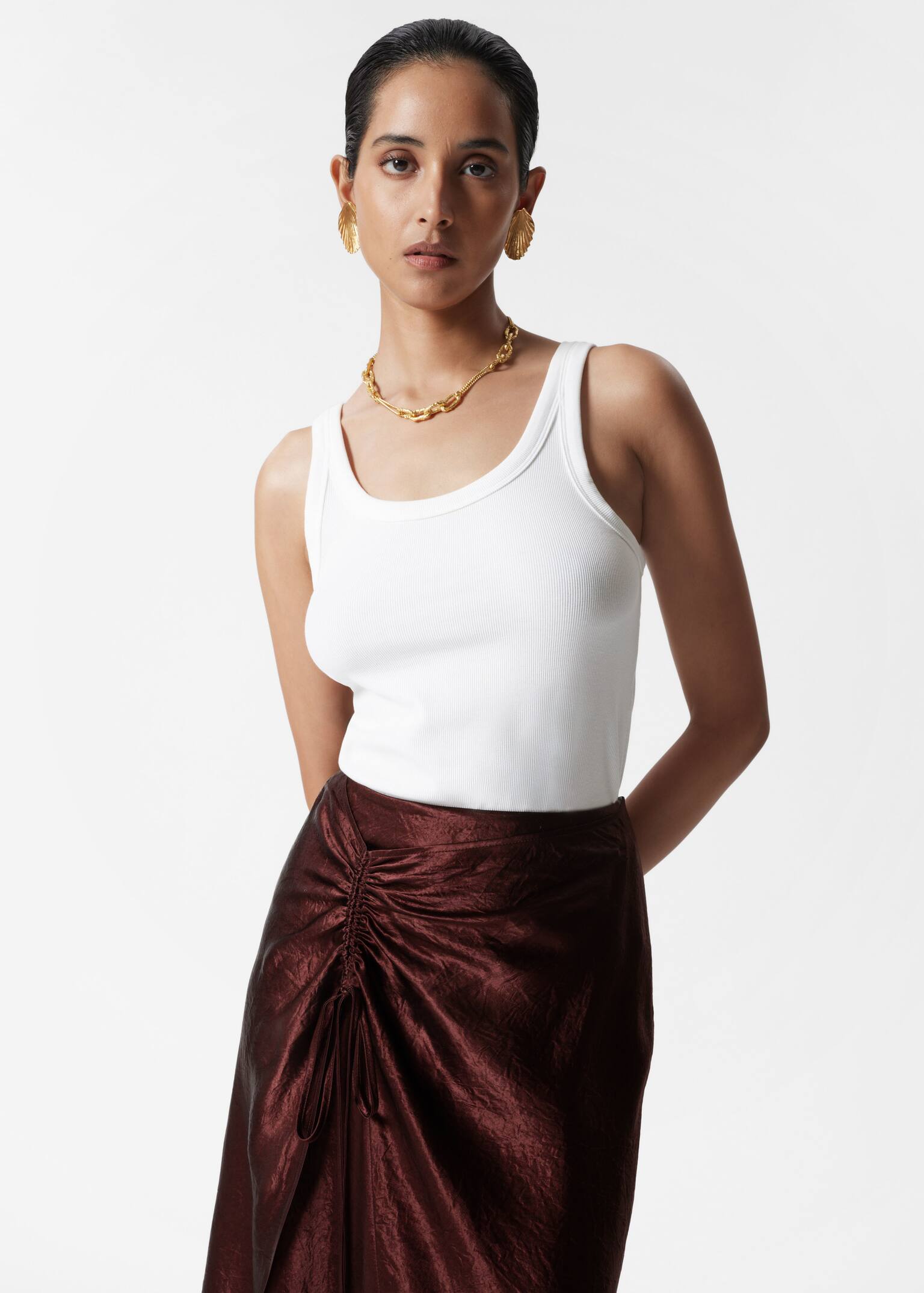Drawstring Satin Midi Skirt - Dark Red/Sage Green - 4
