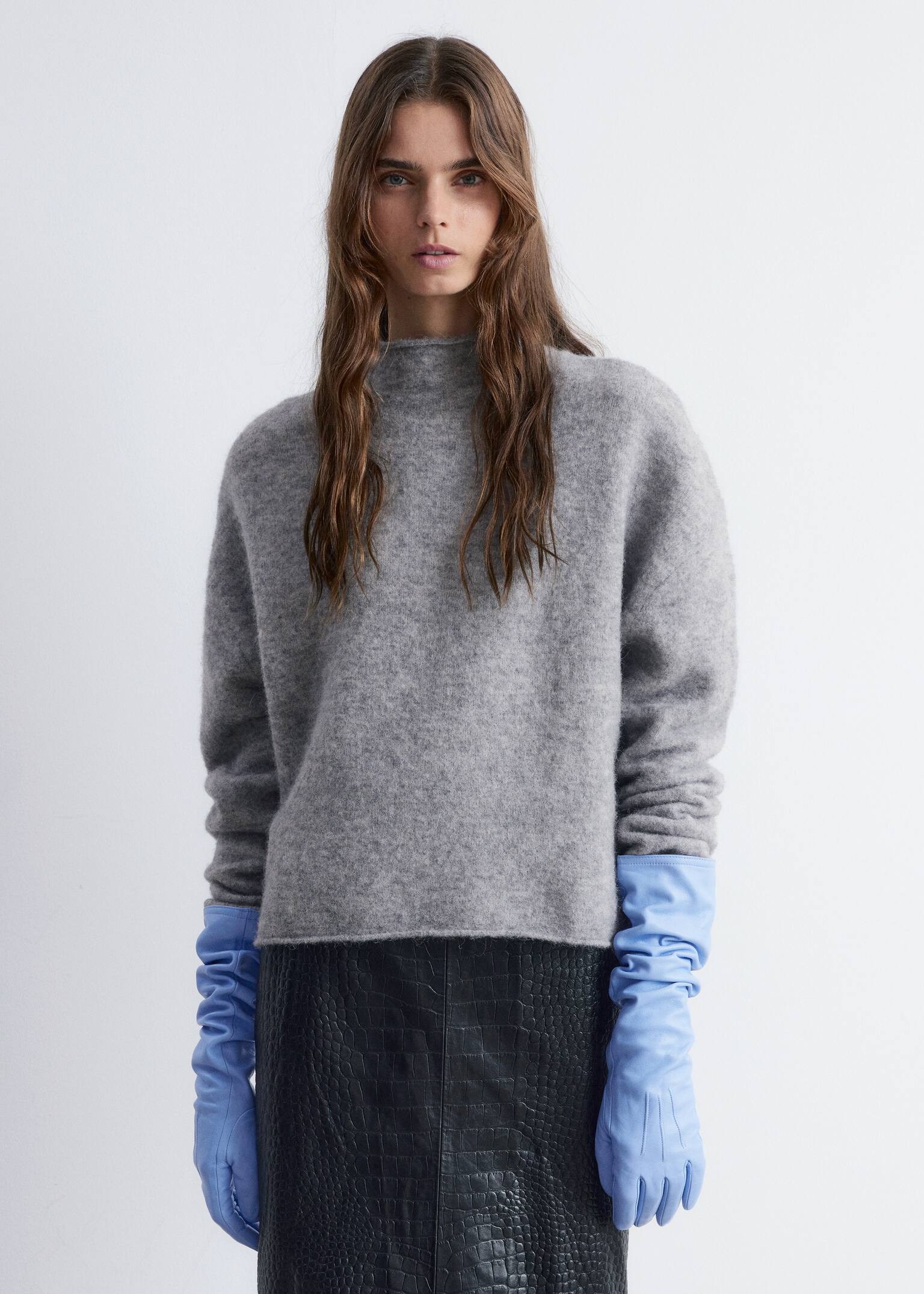 Alpaka-Strickpullover mit hohem Kragen - Grau