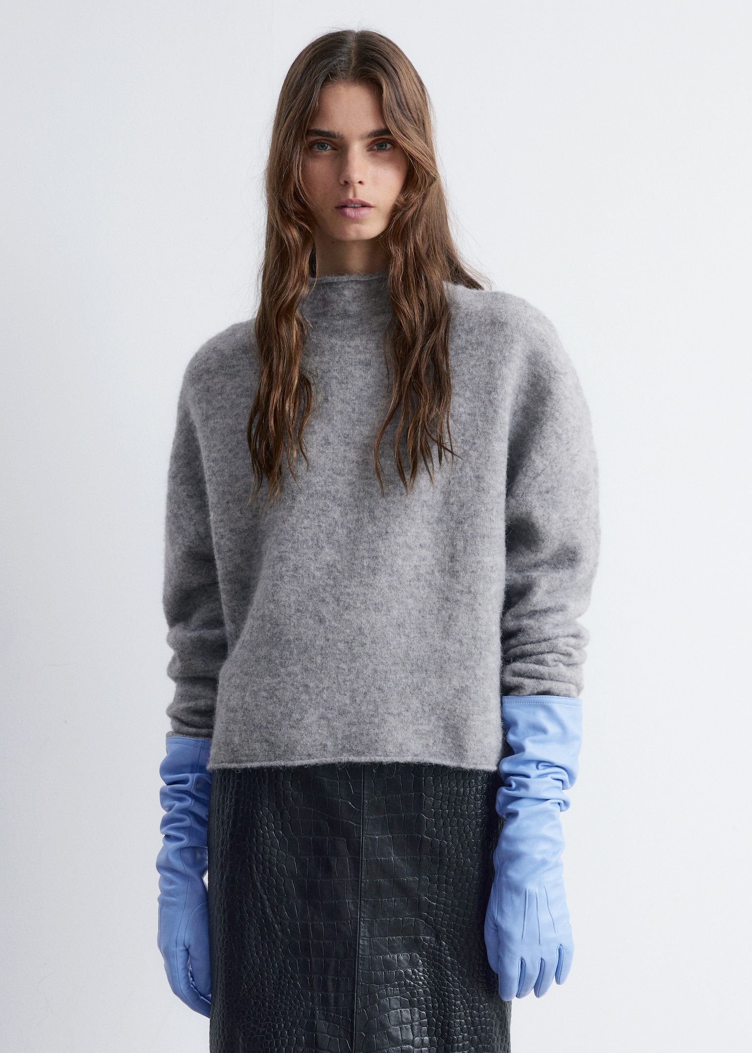 Alpaka-Strickpullover mit hohem Kragen - Grau/Blau