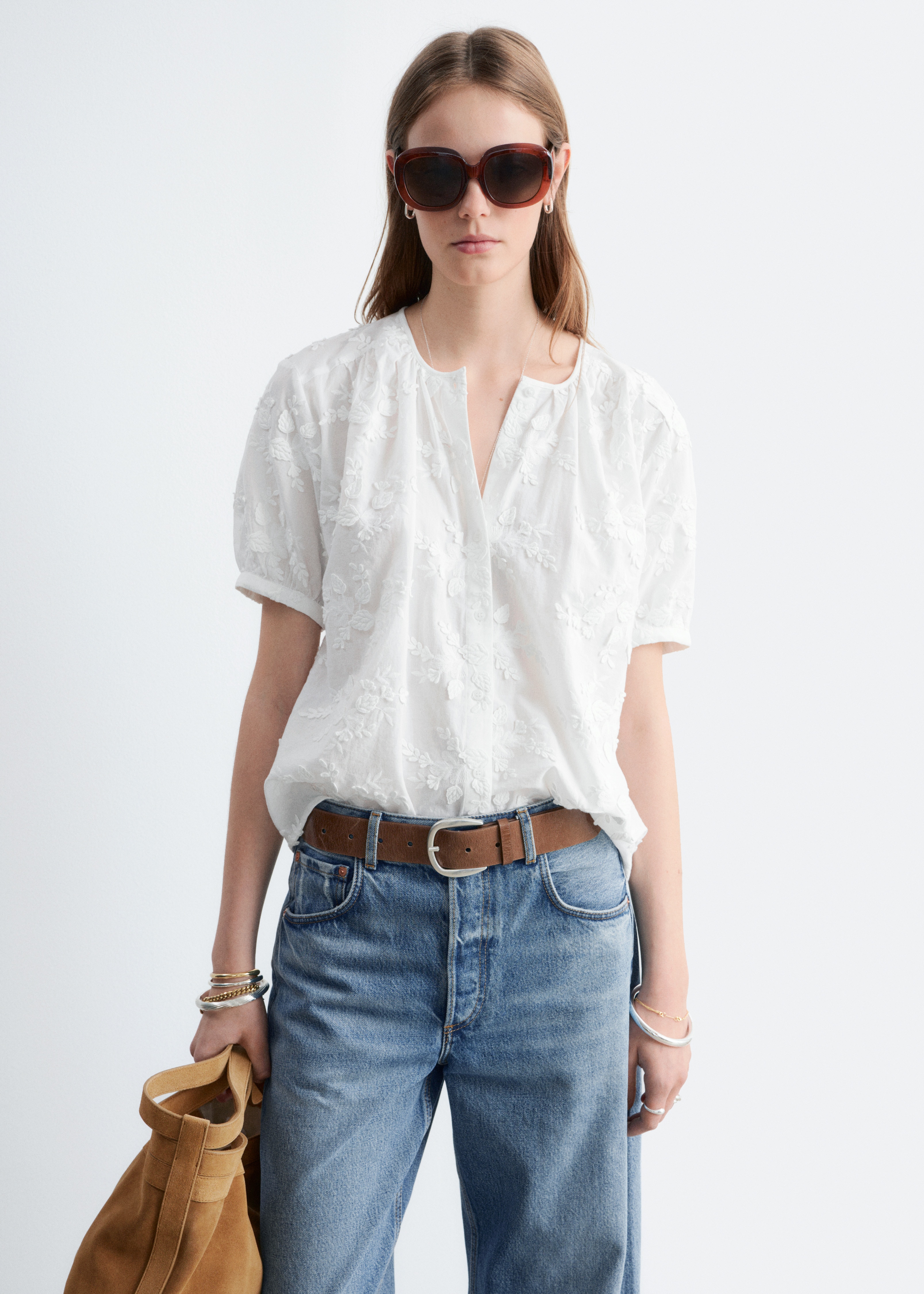 Oversized blus med puffärm - Vit/Vit/Svart
