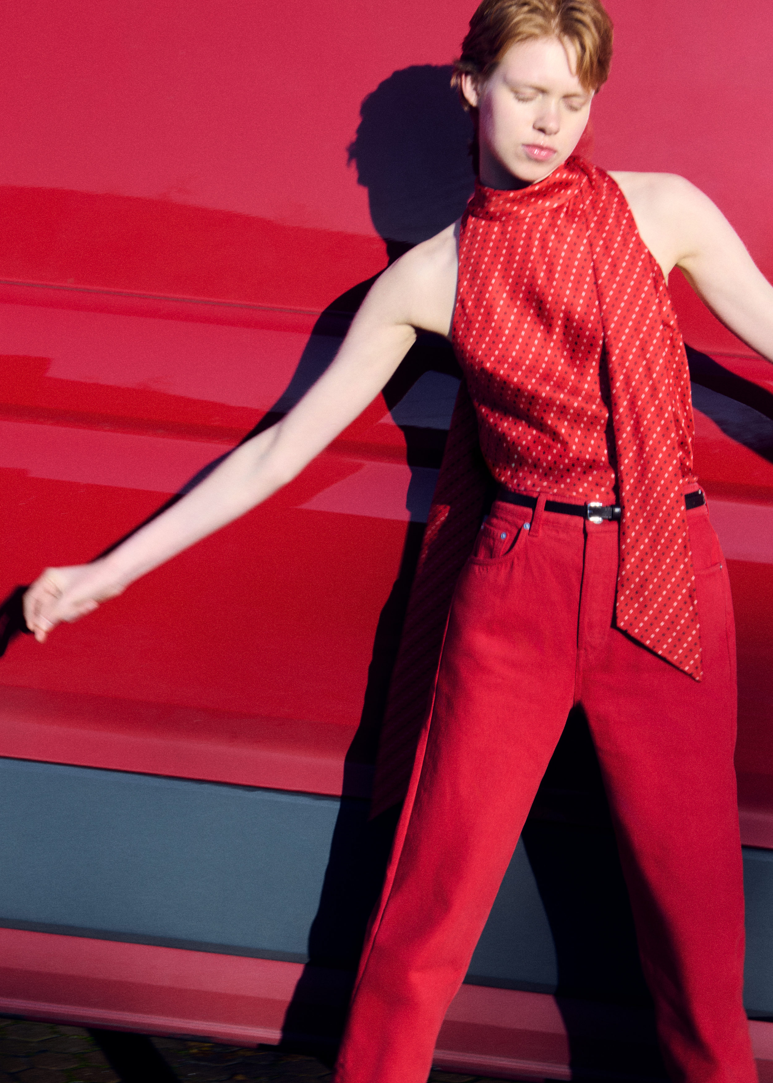 Scarf-Neck Silk Top - Red/Square Print - & Other Stories US