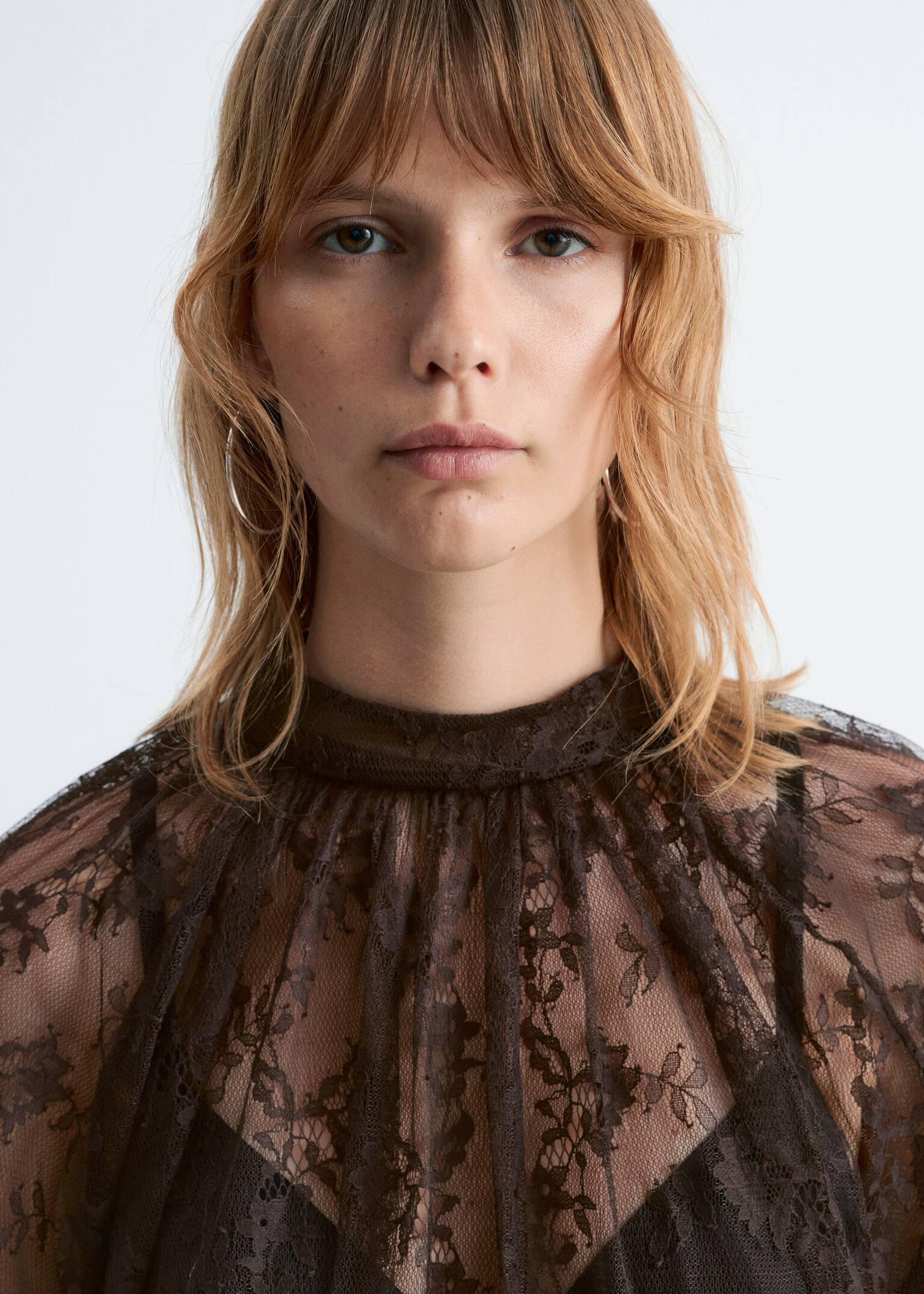 Flounced Lace Blouse - Dark Brown - 4
