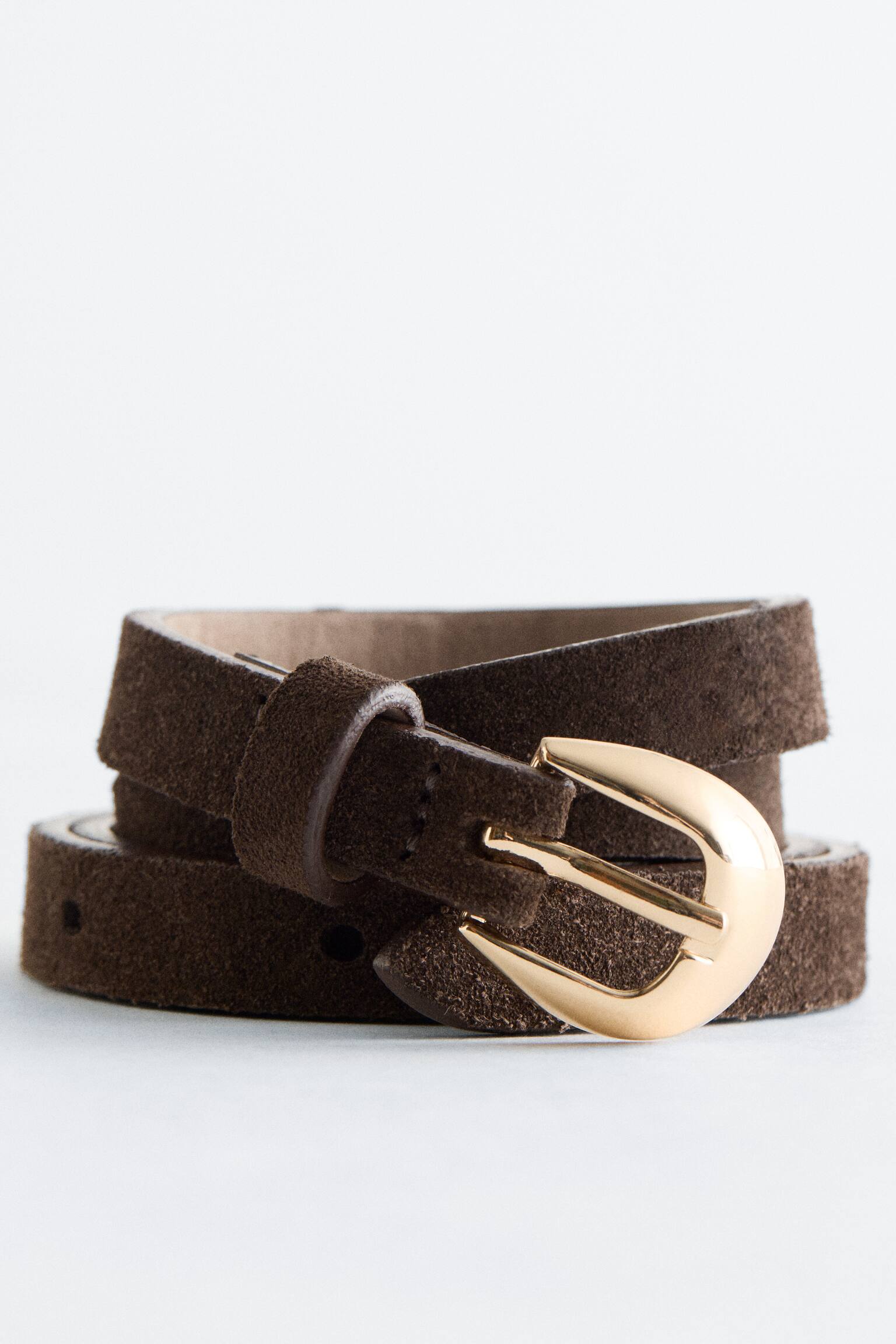 Cinto de pele fino com fivela em crescente - Castanho - 3