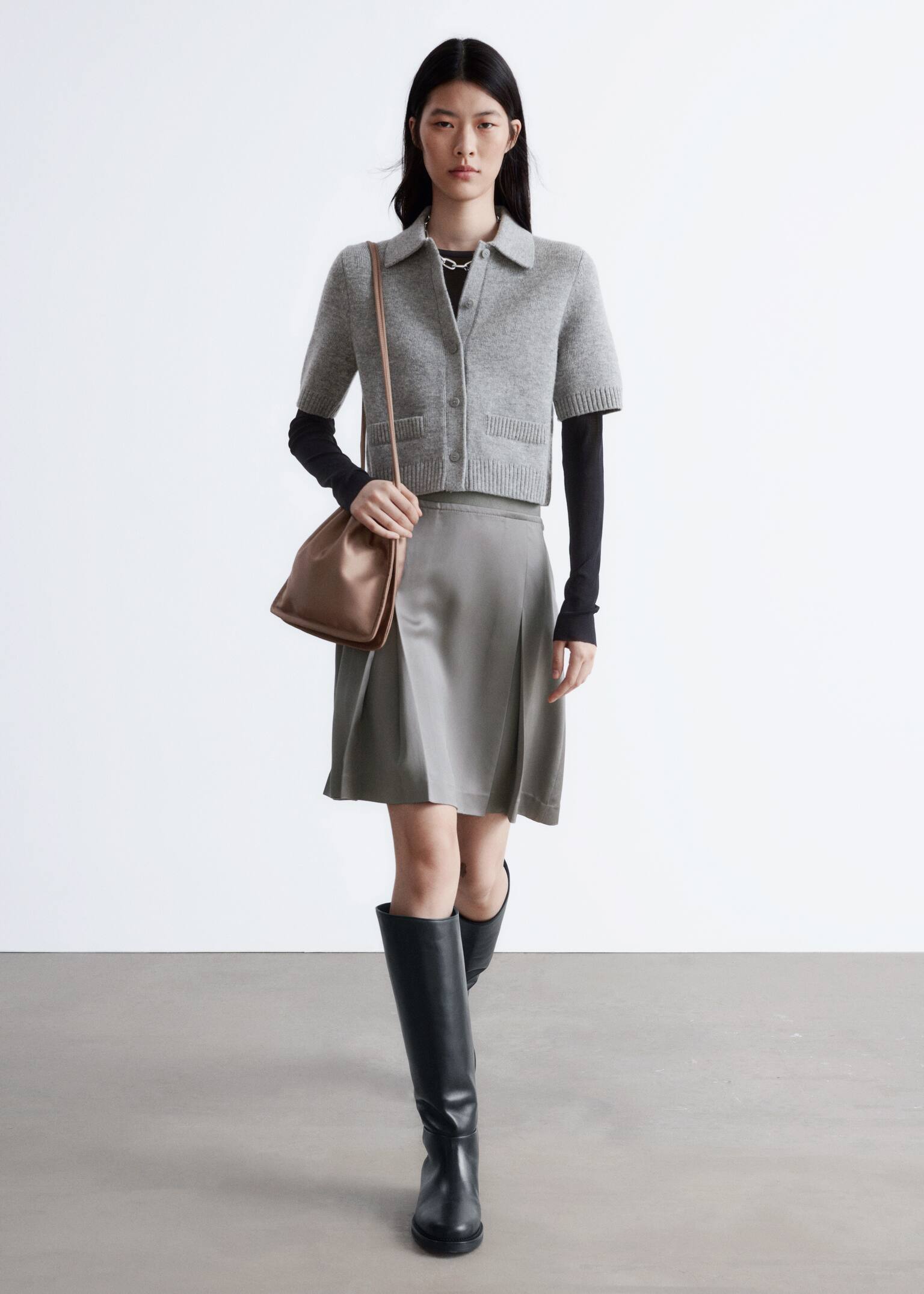 Knitted Short-Sleeve Cardigan - Grey - 5