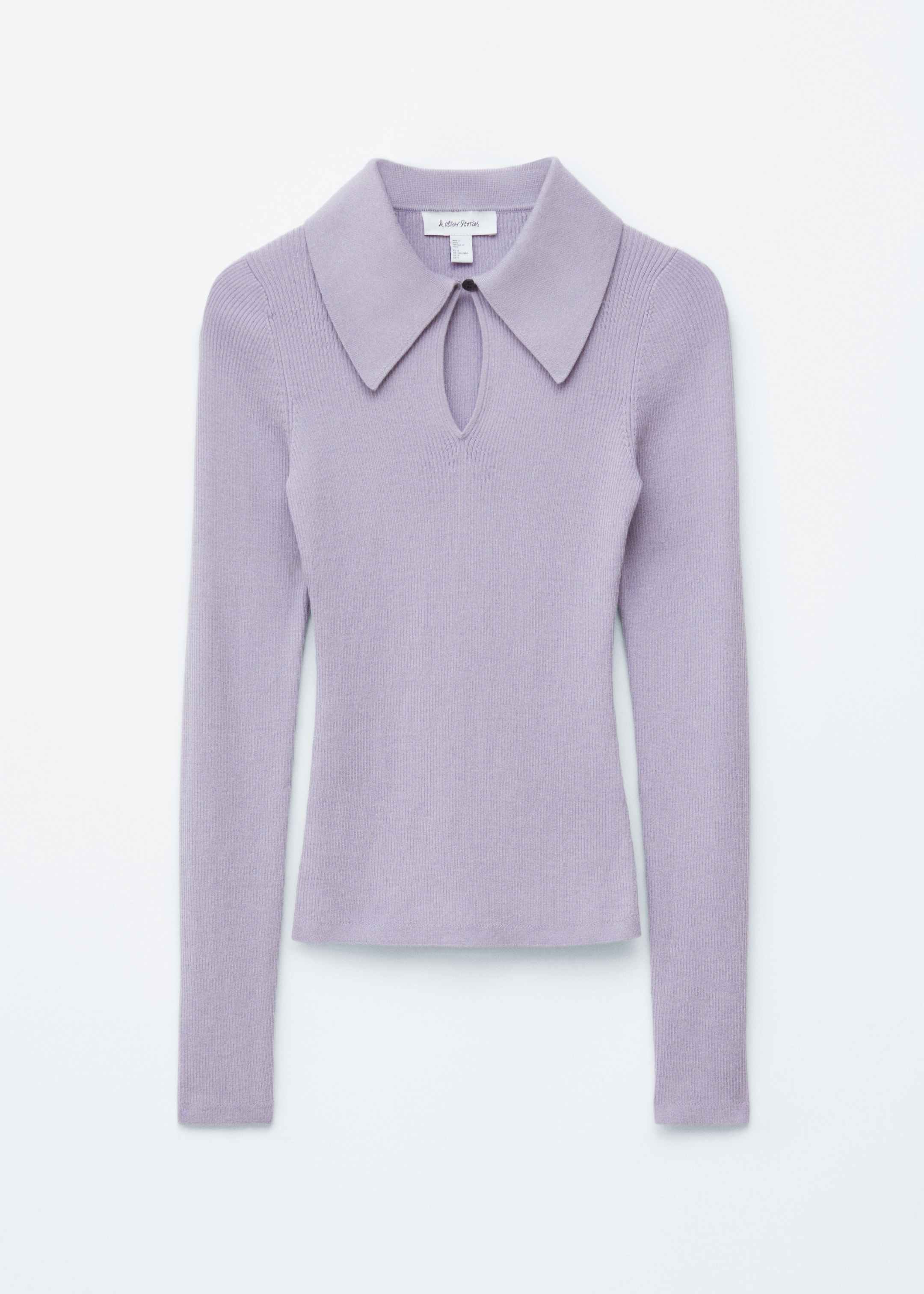 View larger image: A light purple knitted long-sleeve top is presenting a front view, featuring a classic collar and a keyhole neckline secured with a pearl button. The top is designed with a slim fit and vertical ribbing throughout its body and sleeves.