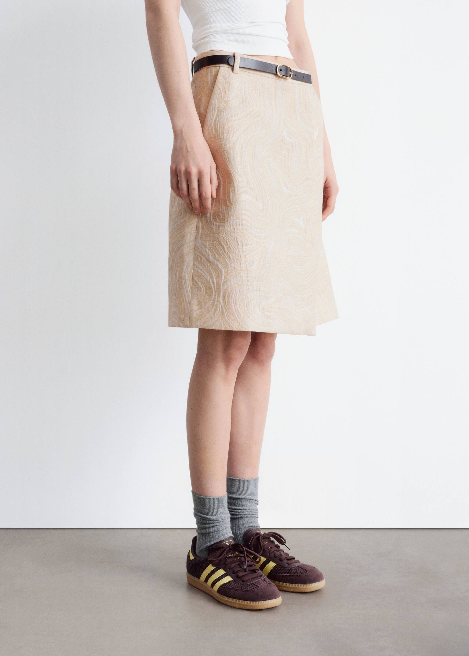 A-formet midi-nederdel i jacquard - Beige/guld - 6