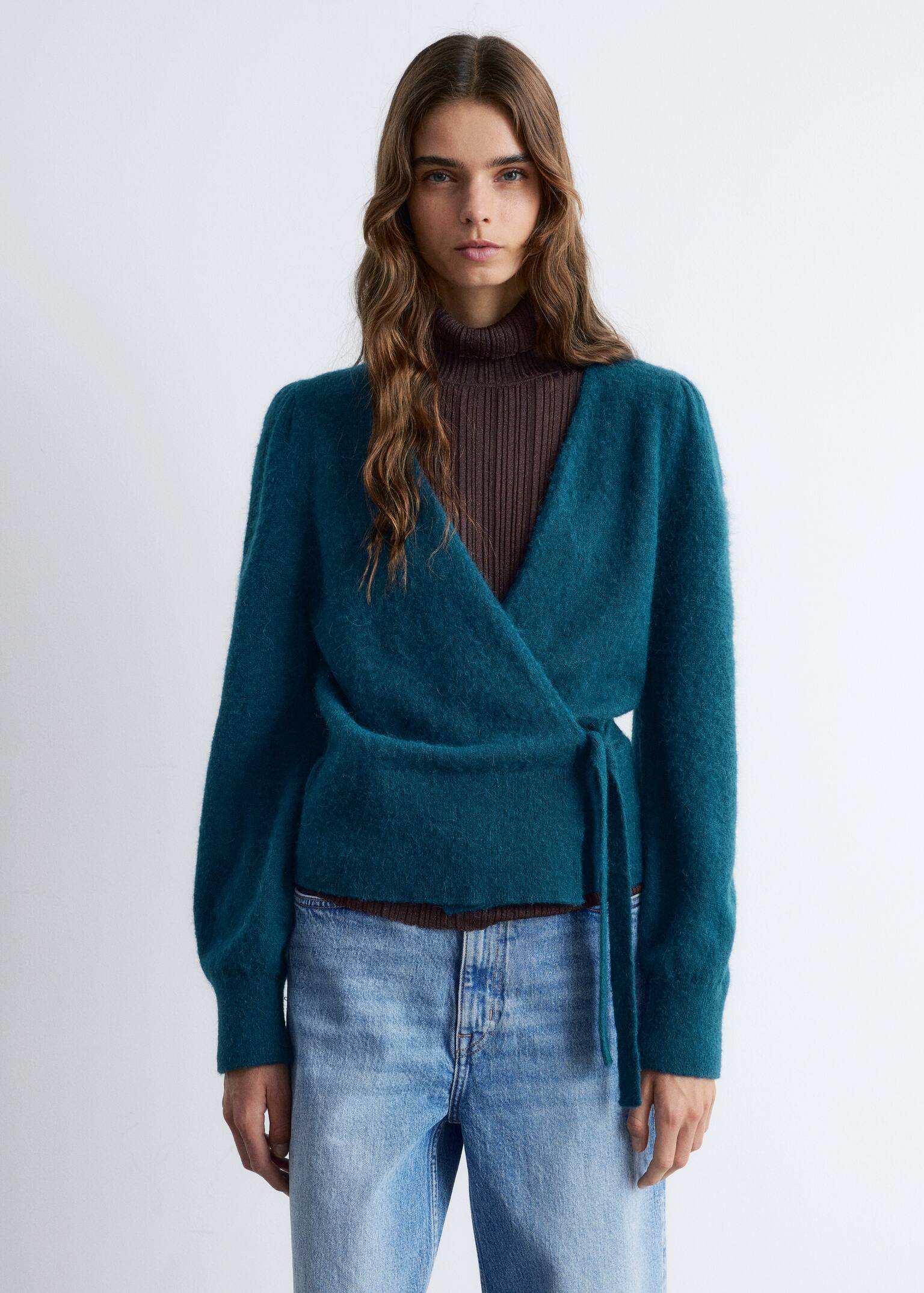 Cardigan a portafoglio in misto mohair - Blu petrolio/Beige/Azzurro/Rosa polvere/Crema