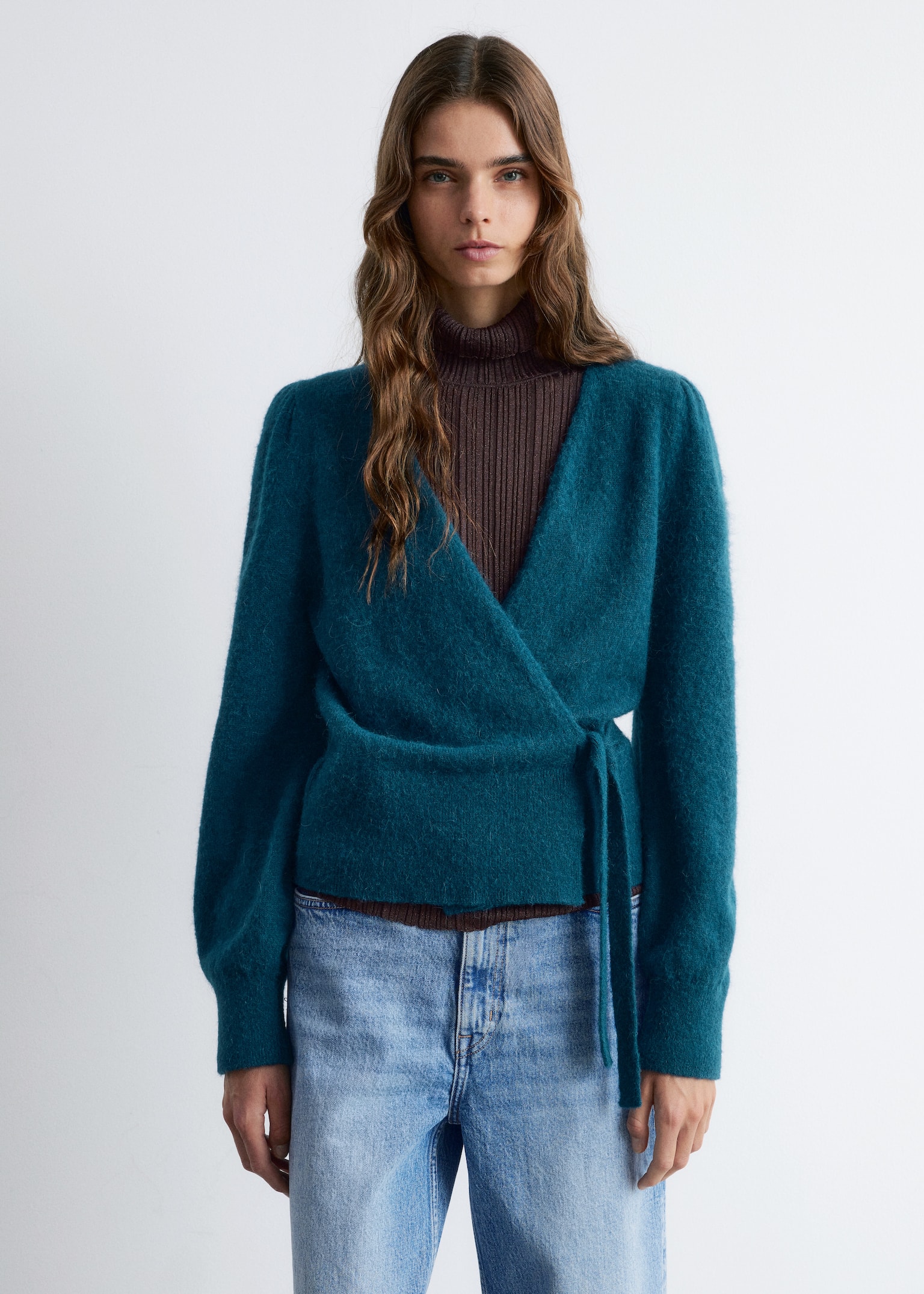 Mohair-Blend Knitted Wrap Cardigan - Petrol Blue/Beige/Plum/Dusty Pink/Beige