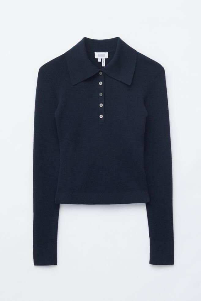 Rib-Knit Merino Polo Top - Dark Blue/Dark Brown - 1