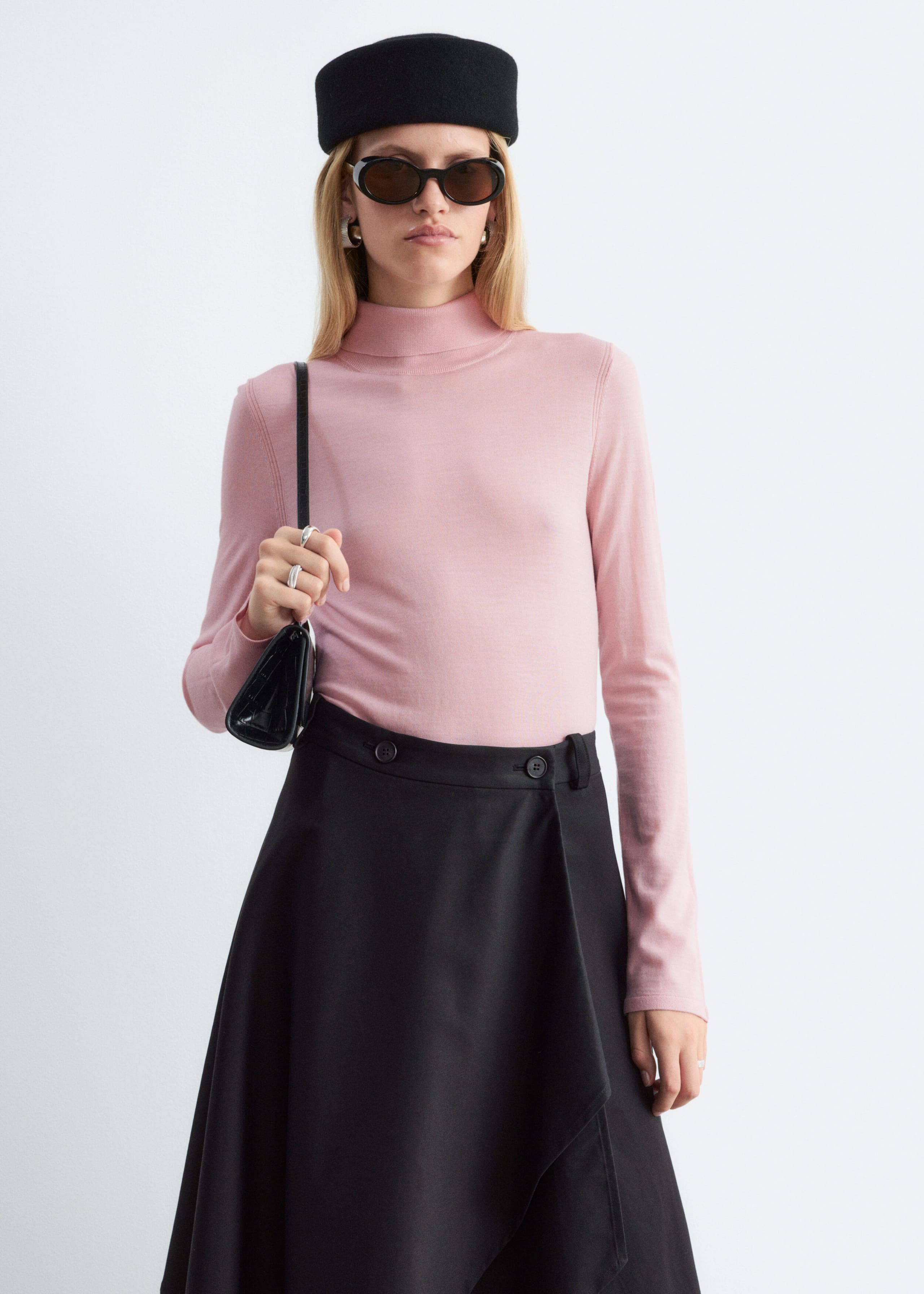 Merino Wool Polo Neck Top - Dark Brown - Lookbook