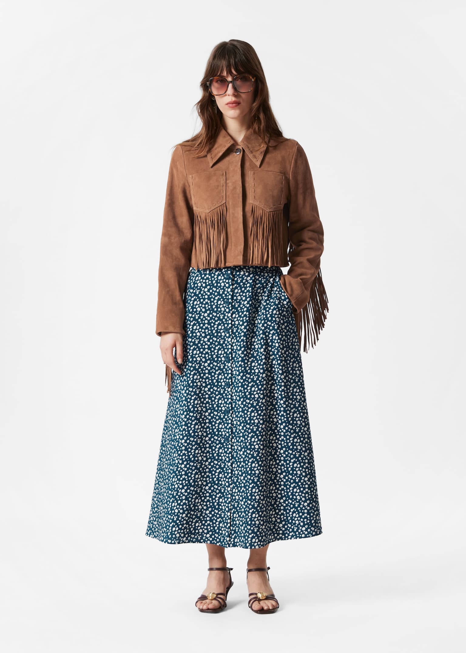 Fustă midi în linie A cu nasturi - Model Bleumarin/Bej/Floral/White Print