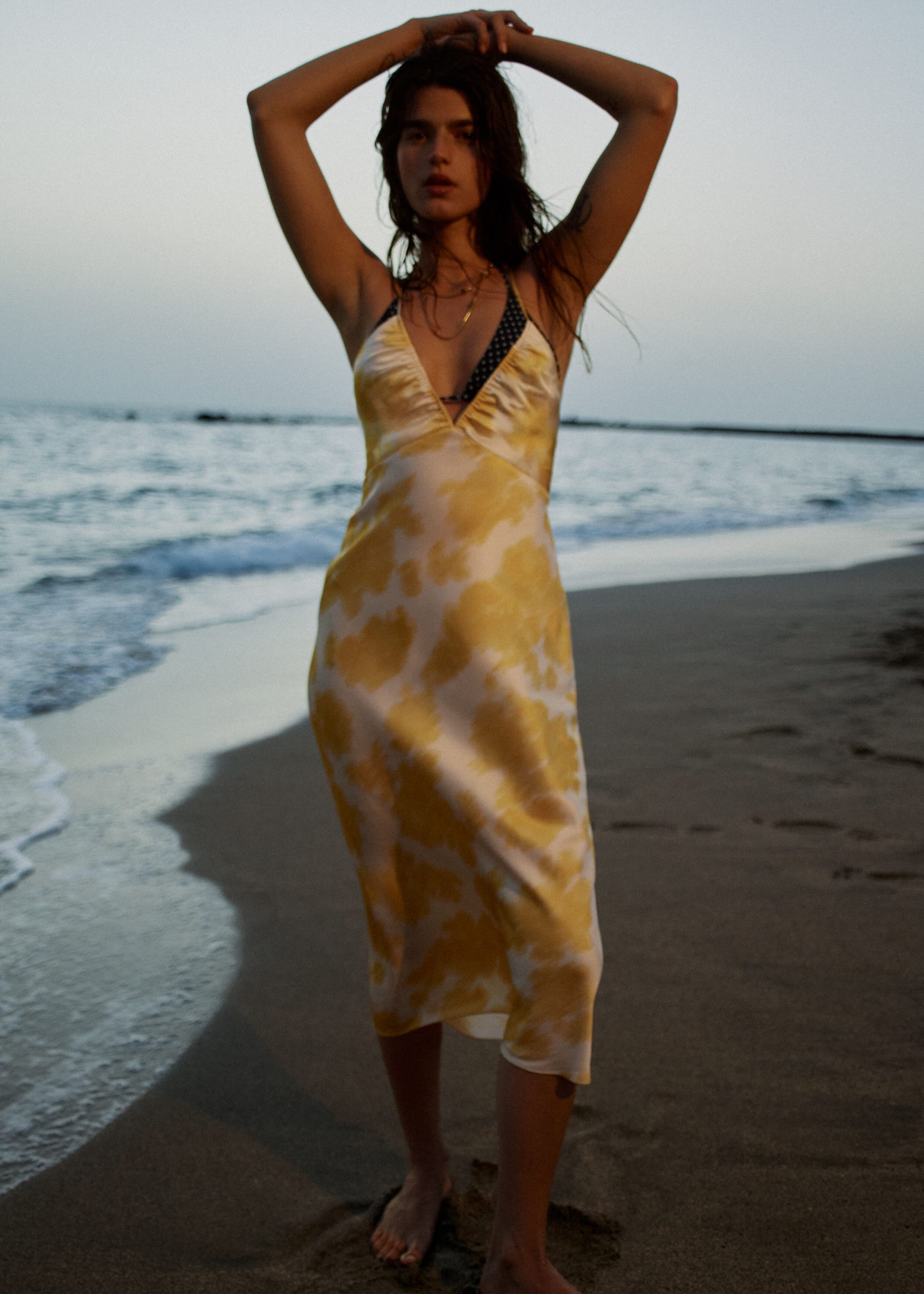 Satin Slip Midi Dress - Yellow - Lookbook