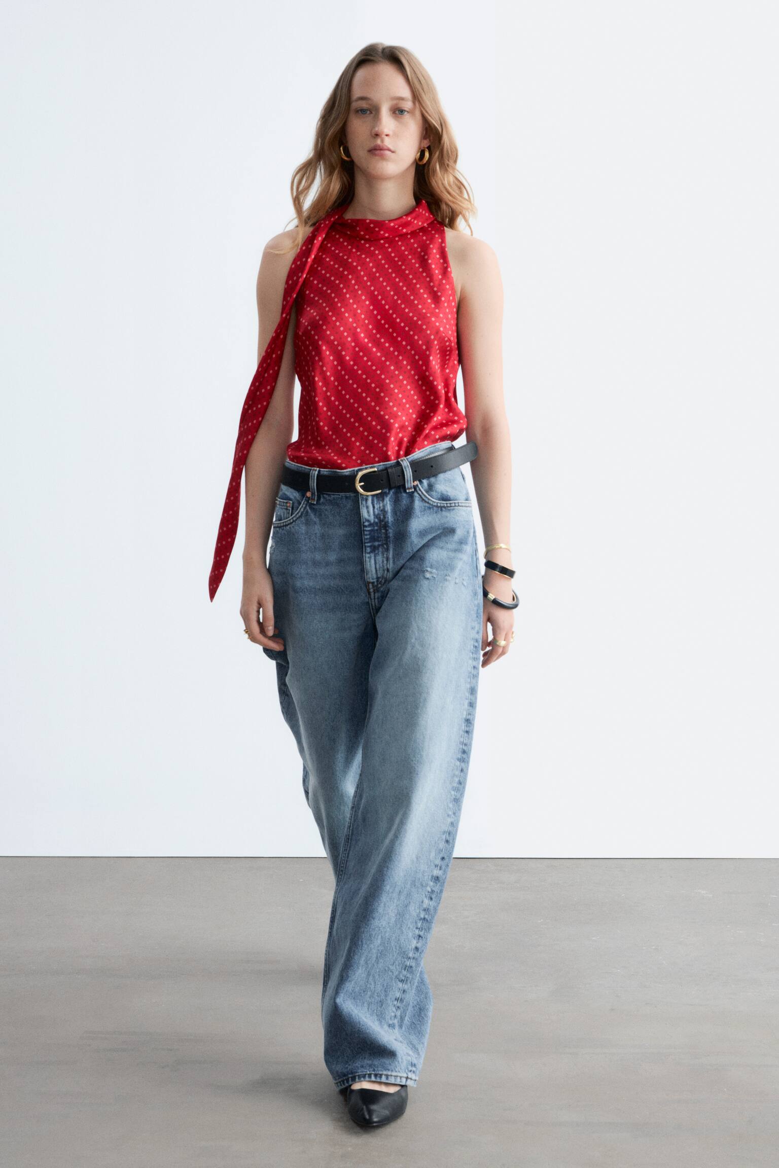 Top de seda con cuello de pañuelo - Rojo/Estampado a cuadros/Beige/Rayas - 7