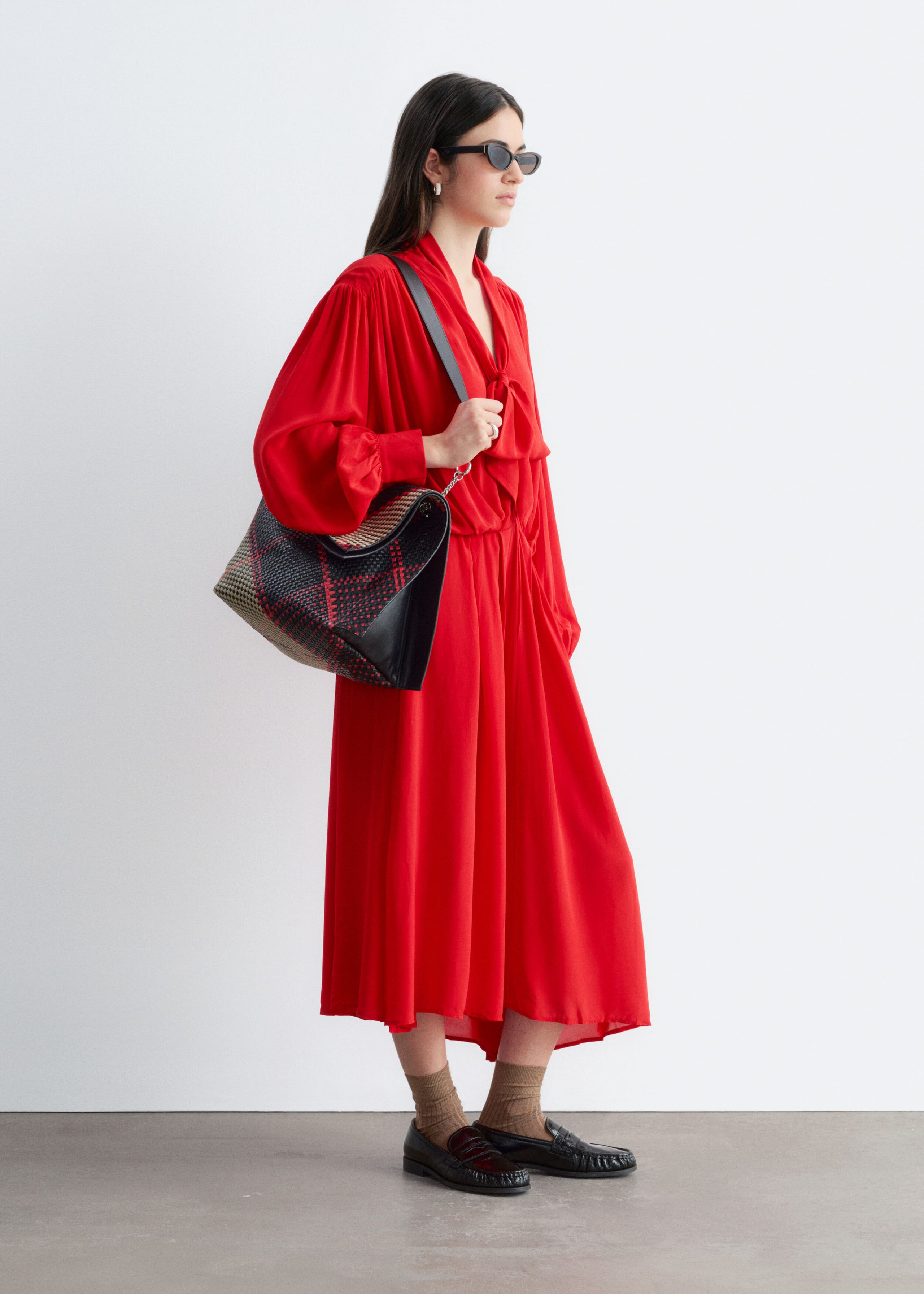 Tie-Neck Midi Dress - Red - Lookbook