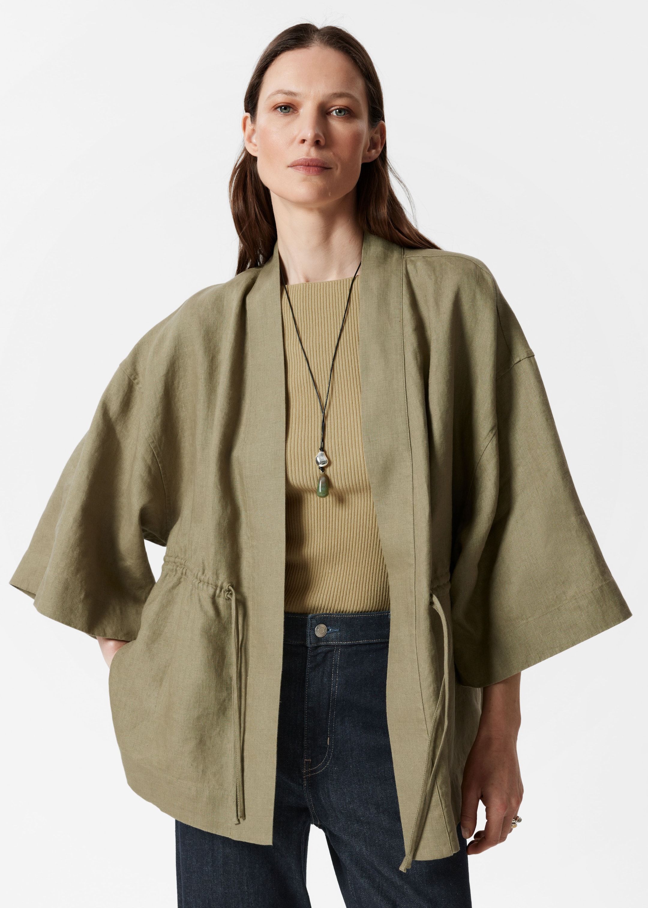Se større billede: Hørblazer med snoretræk - Kakigrøn - DAME | H&M DK 1