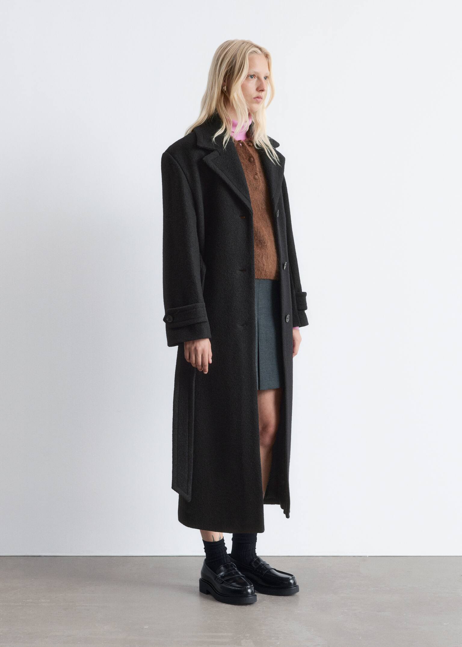 Tie-Belt Wool Coat - Black - 7