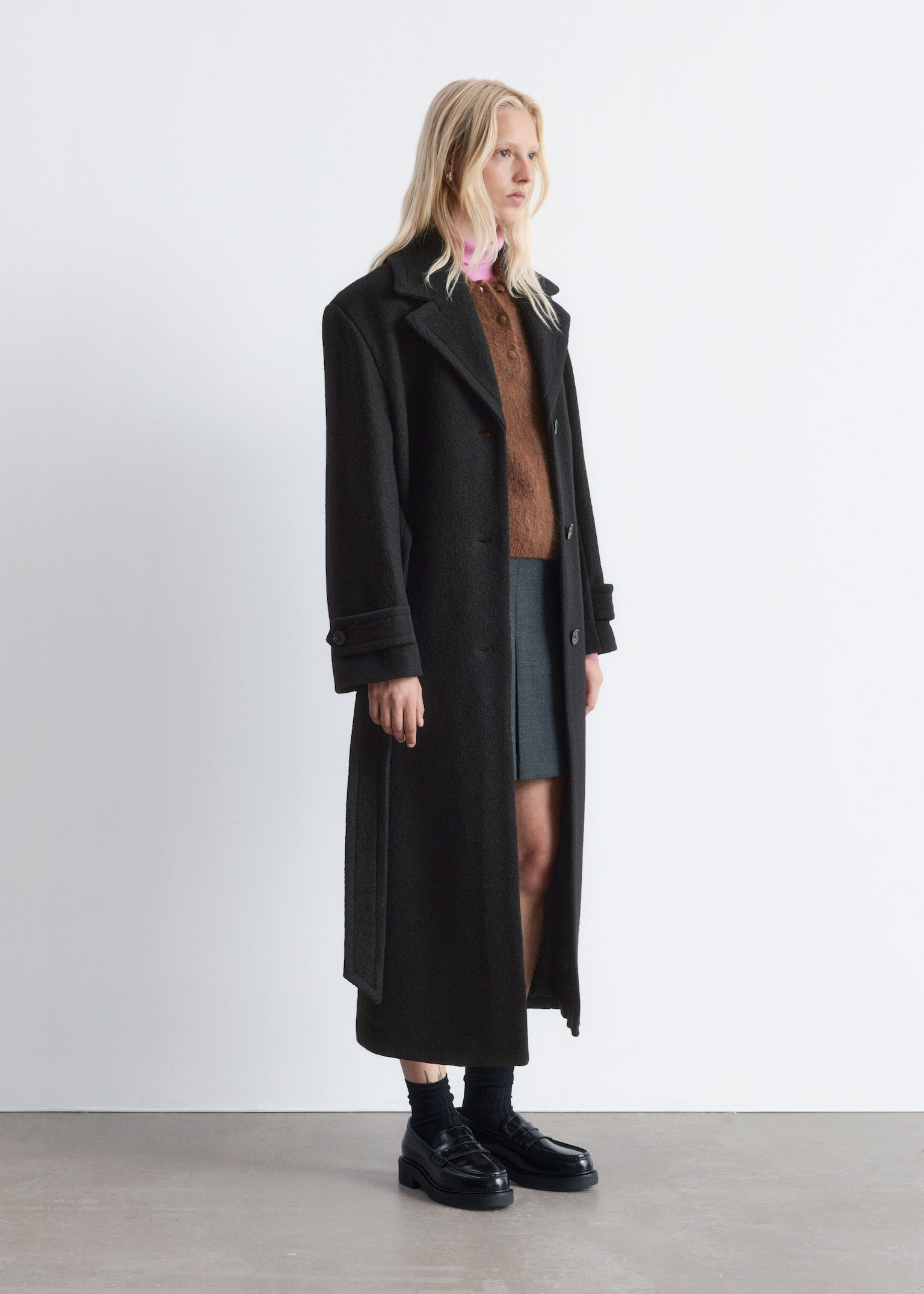 Tie-Belt Wool Coat - Black/Dark Brown - 5