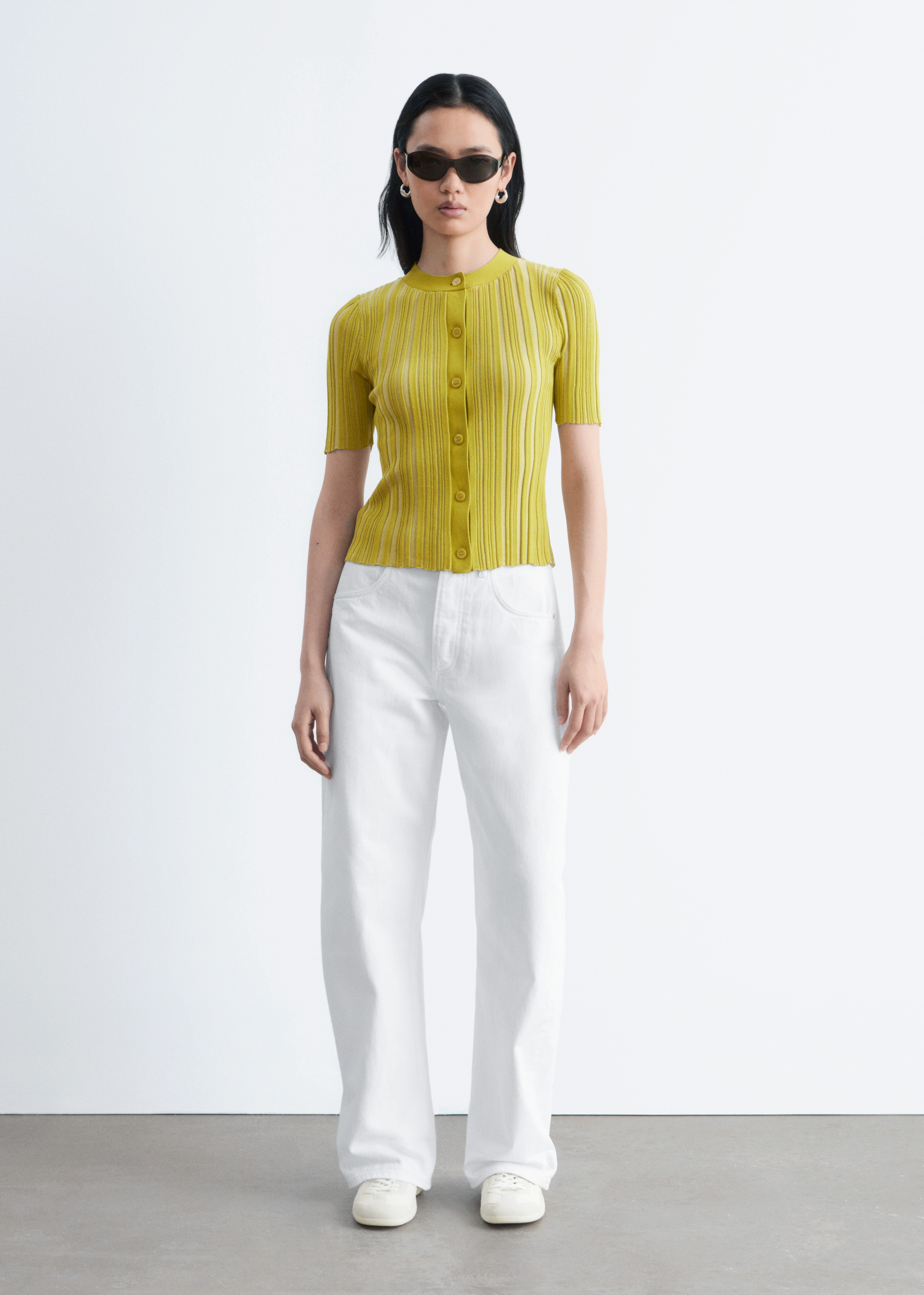 Cardigan a maniche corte con lavorazione a coste - Chartreuse/Turquoise