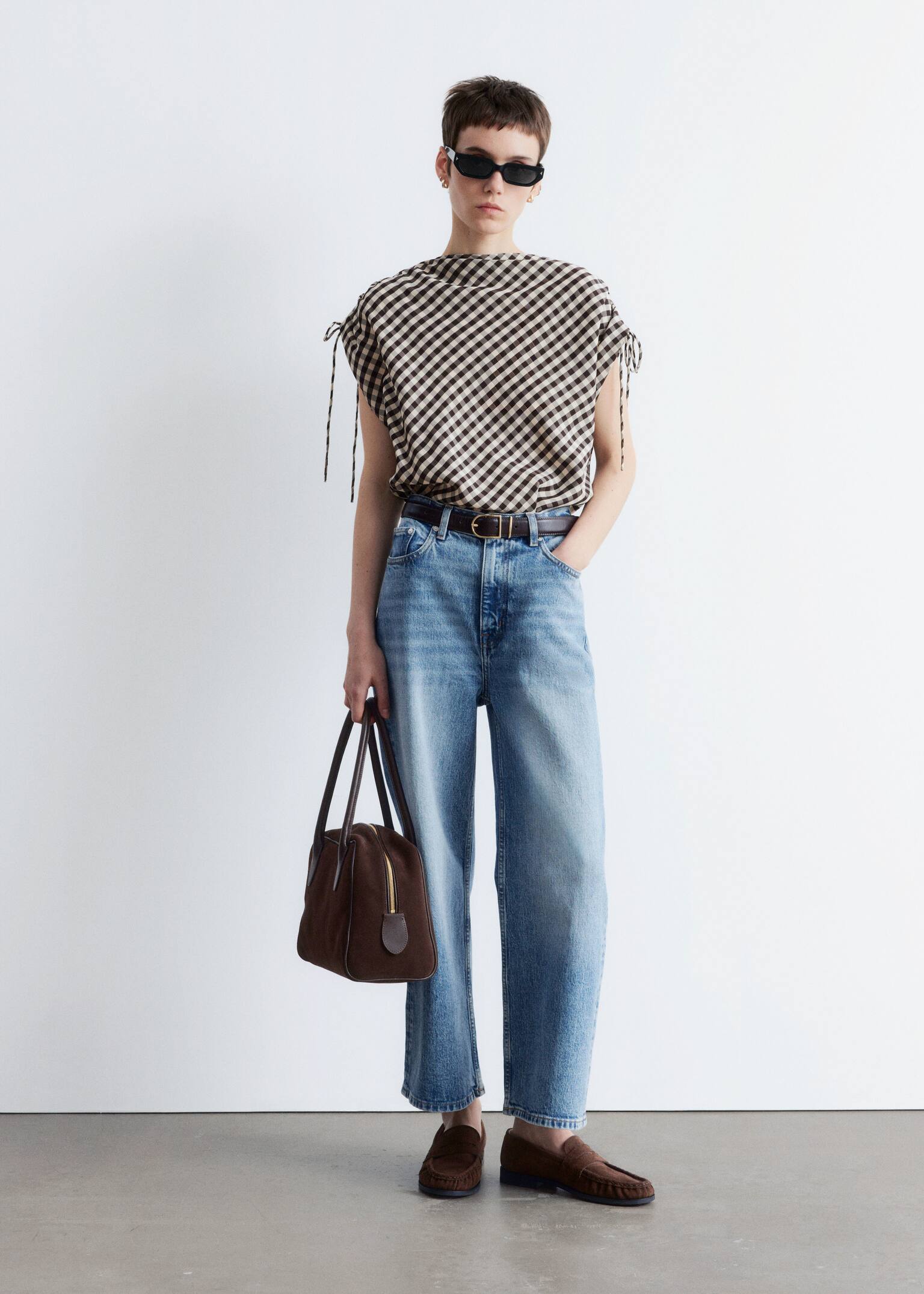 Drawstring Boatneck Top - Brown/White Gingham