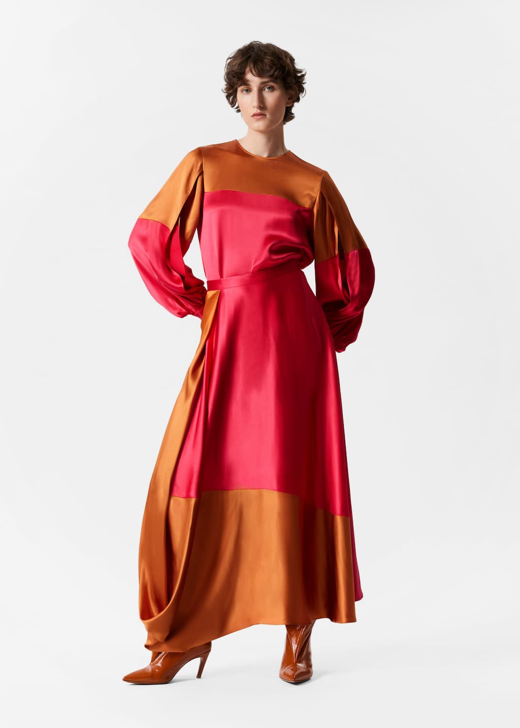 Image of Colour-Block Satin Midi Skirt