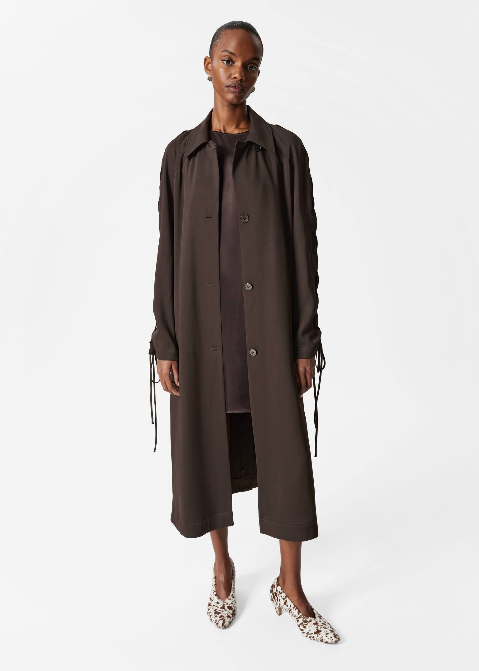 Lace-Up Car Coat - Dark Brown - 5