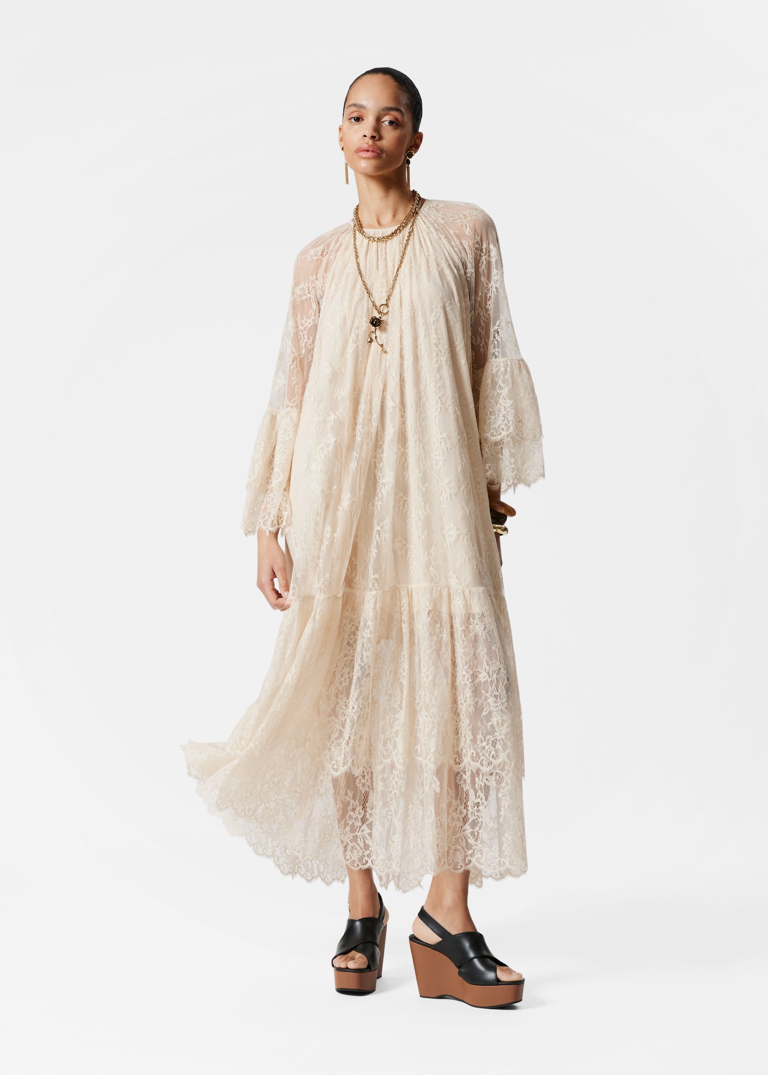 Rochie Maxi din Dantelă cu Volane - Crem