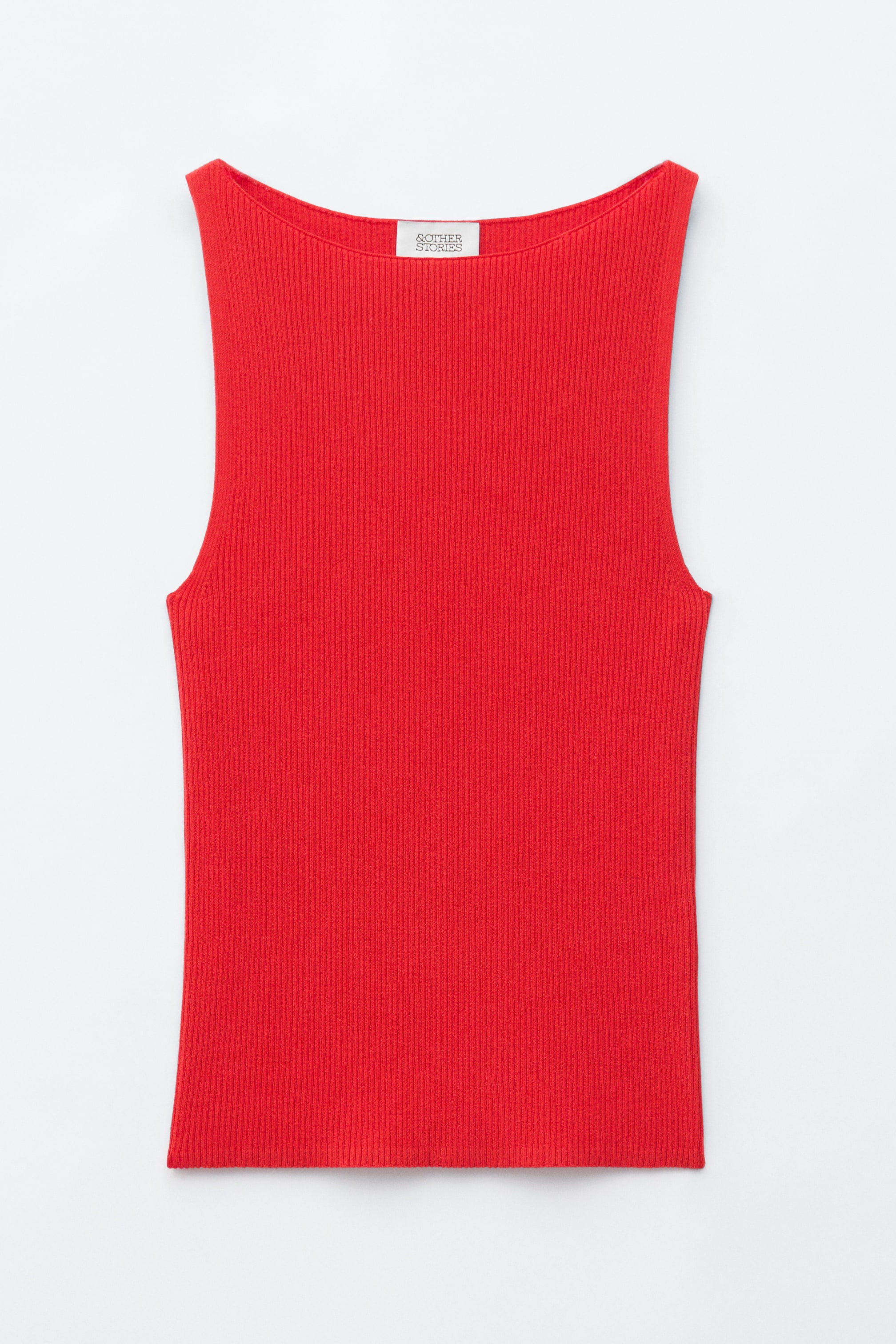 Nagyobb kép megtekintése: Egy piros tank top elölről látható, bordás kötésű textúrával. Csónaknyakú, ujjatlan szabású, varrat nélküli szélekkel és testhezálló sziluettel rendelkezik.