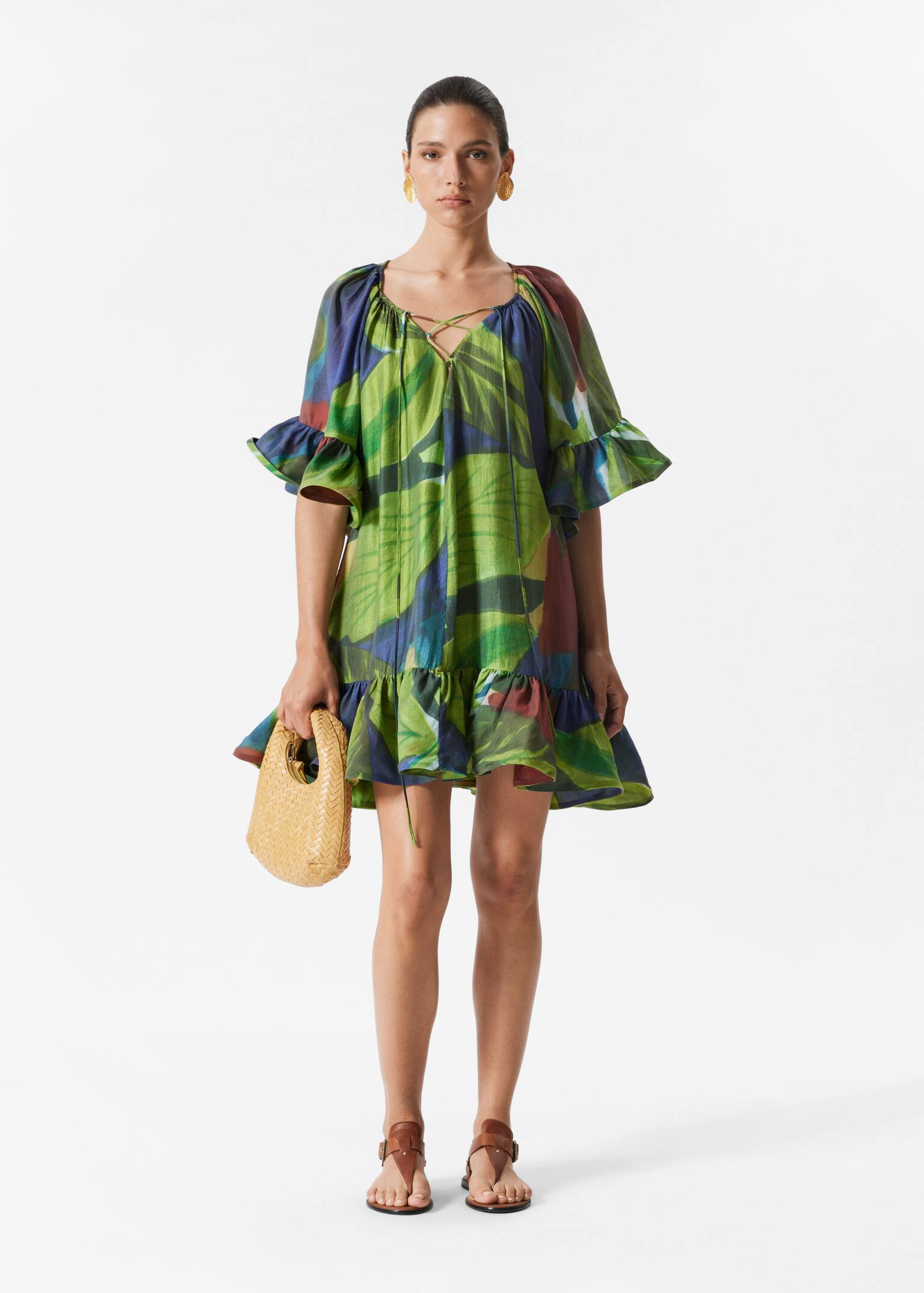 Robe courte à volants - Imprimé vert/Motif floral rose/rouge/Rouge foncé