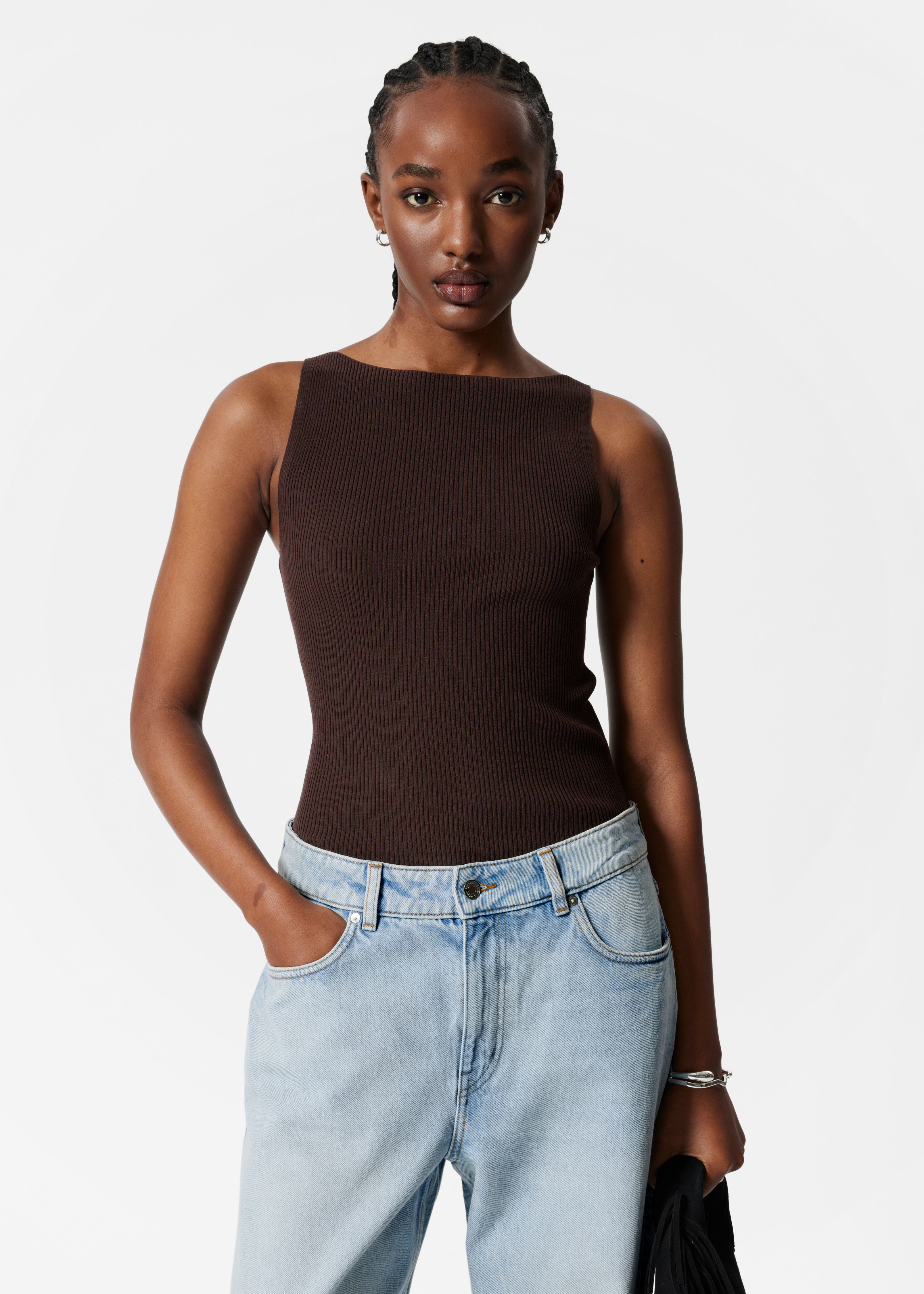 Rib-Knit Tank Top - Dark Brown/White