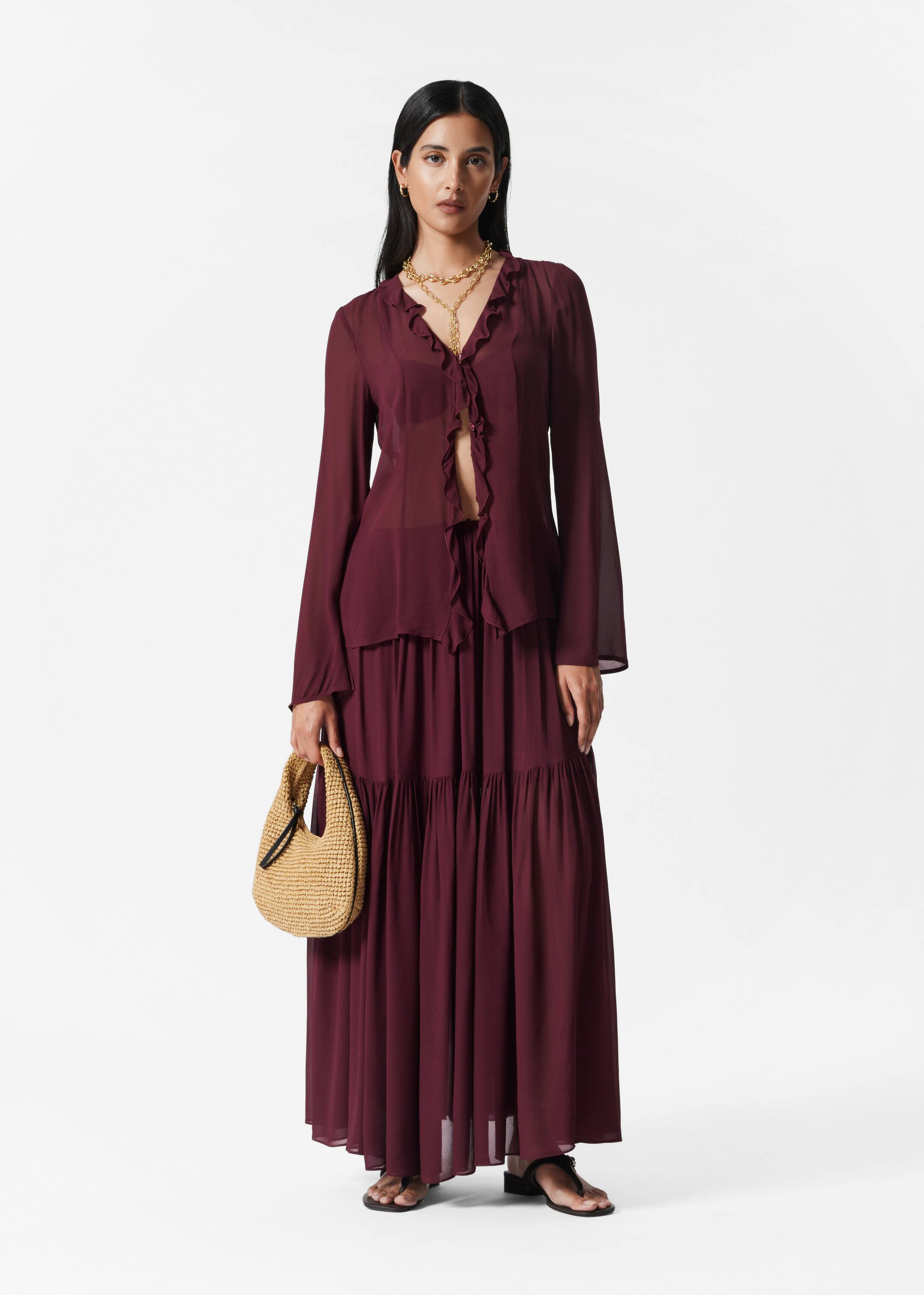 Größeres Bild anzeigen: Bluse mit Rüschen und V-Ausschnitt - Dunkelrot - Ladies | H&M AT 2
