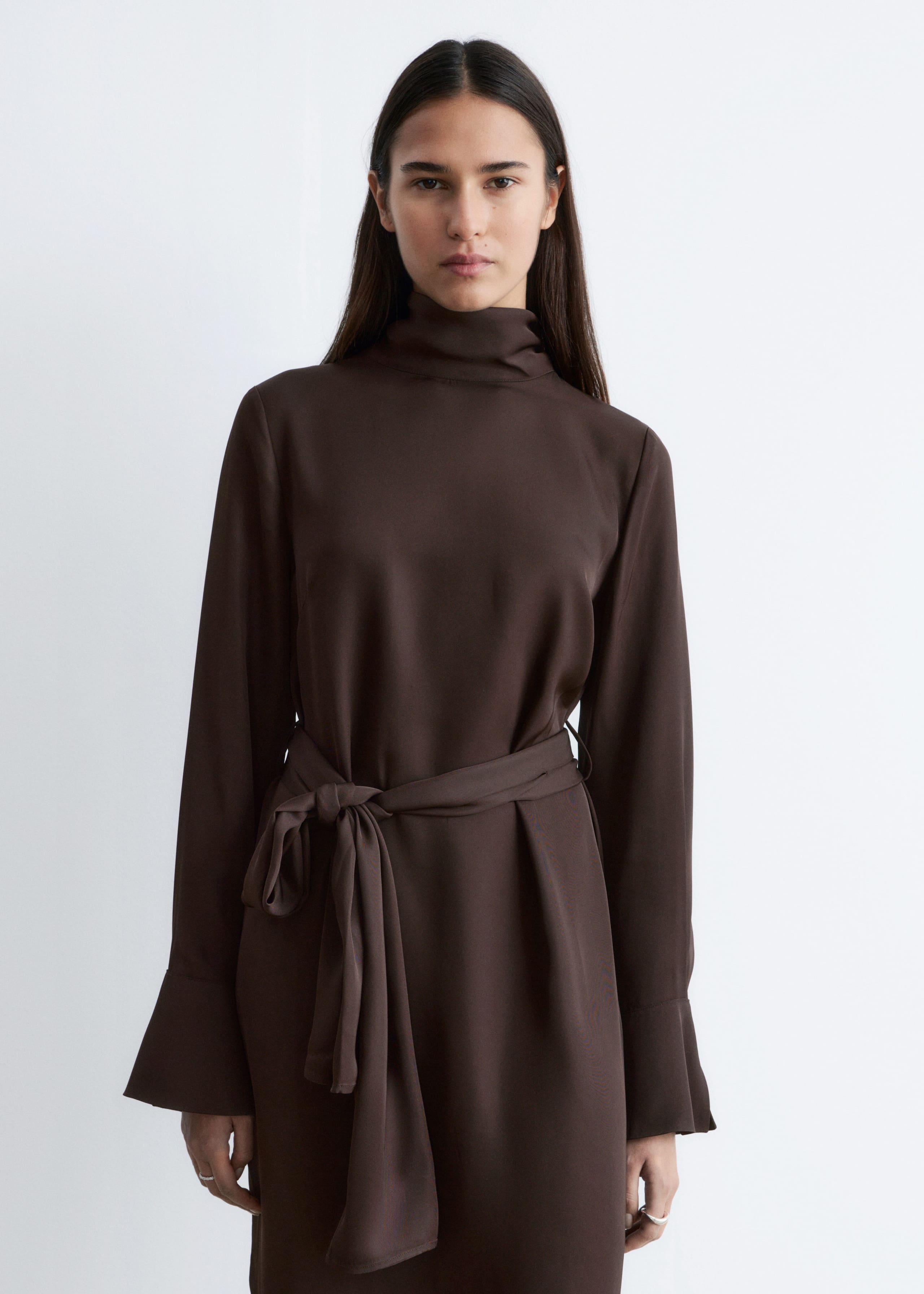 Scarf-Neck Midi Dress - Green/Micro dots - Lookbook