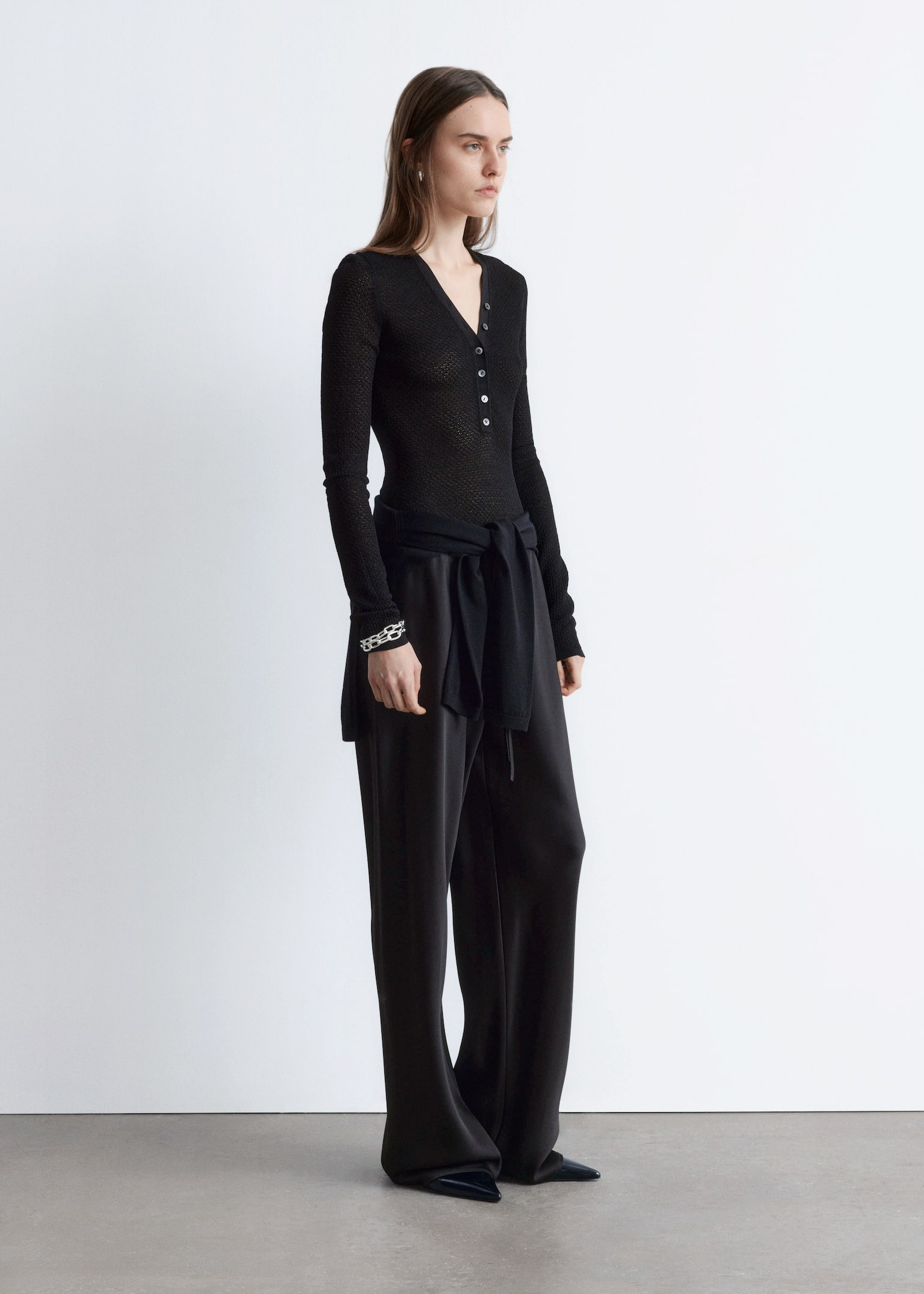 Long-Sleeve Pointelle-Knit Bodysuit - Black - 5