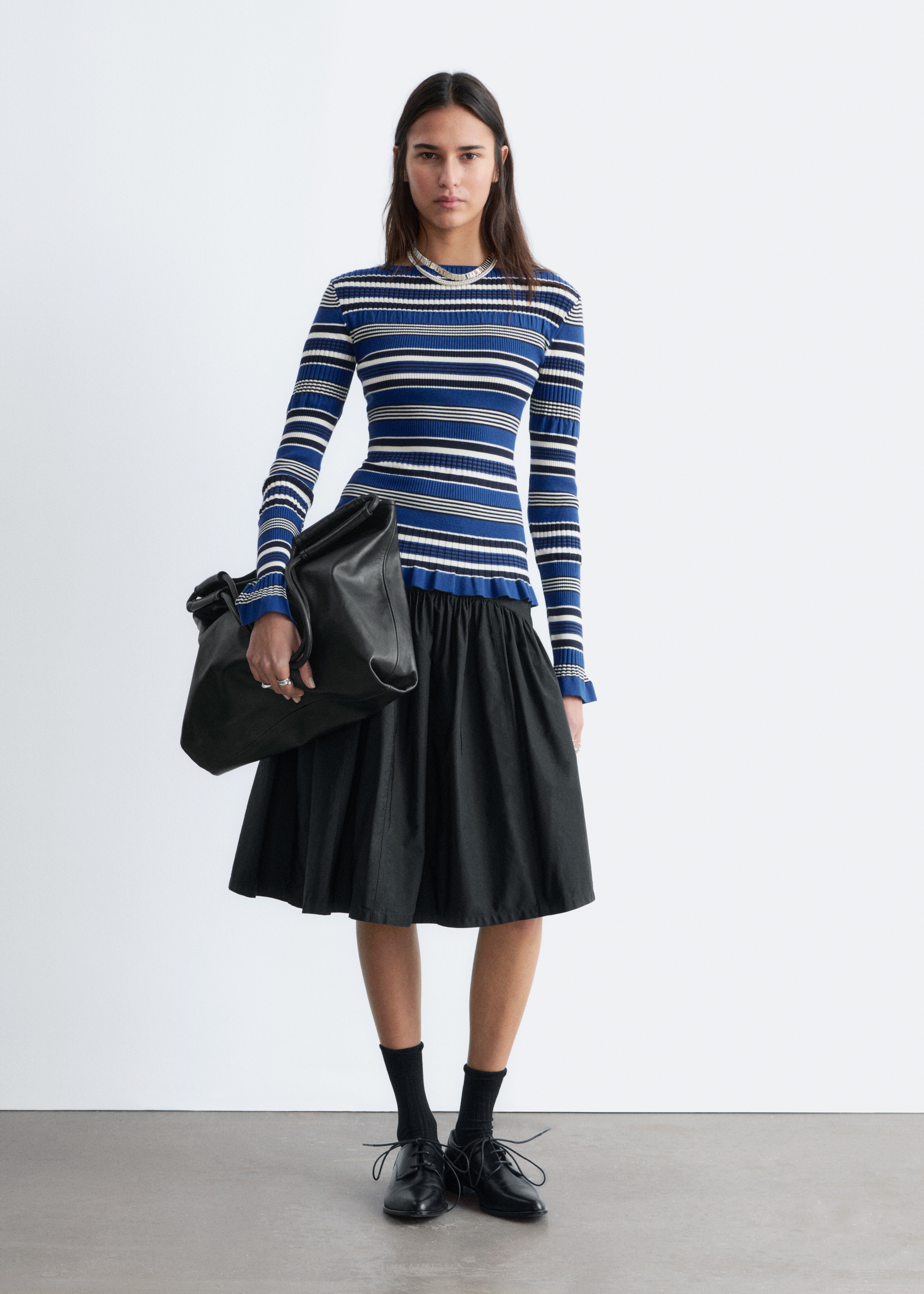 Žebrovaný top s dlouhým rukávem - Modré/Černé pruhy/Zelená/Béžové pruhy/Černá