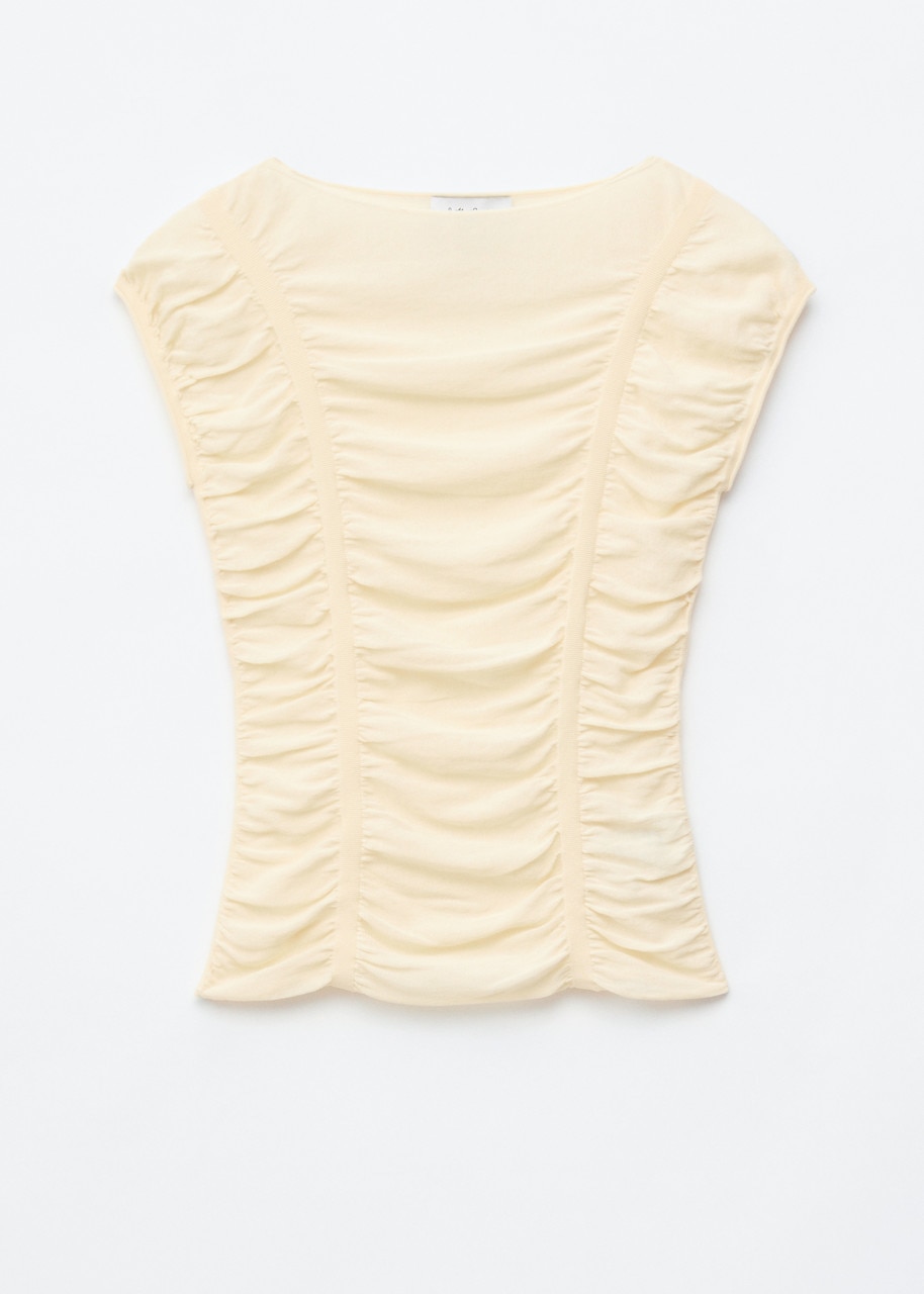 Ruched Cap-Sleeve Top - Beige/Light Blue