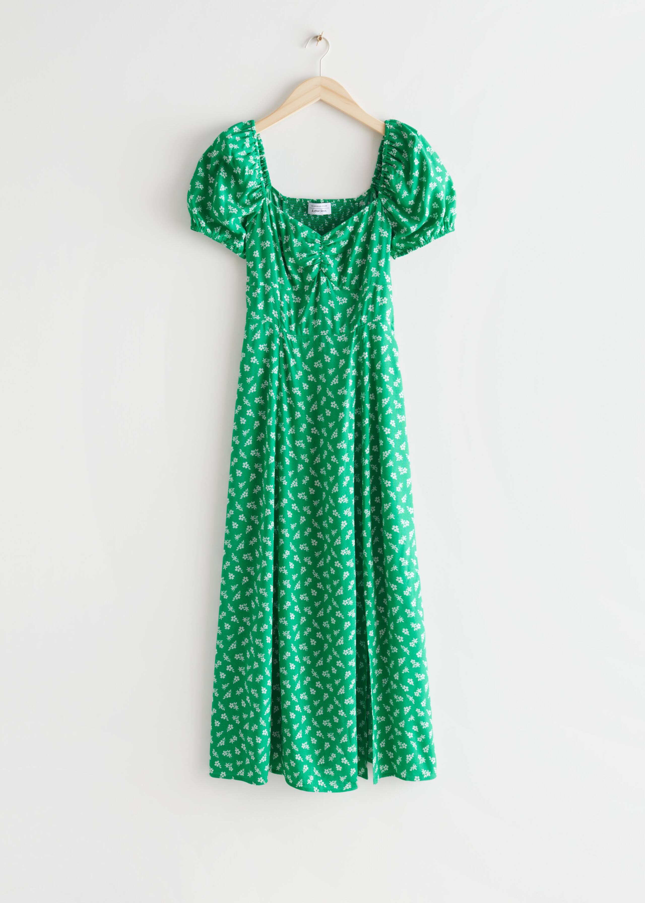 Abito midi fluido con maniche a sbuffo - Bright Green Floral Print - Natura morta