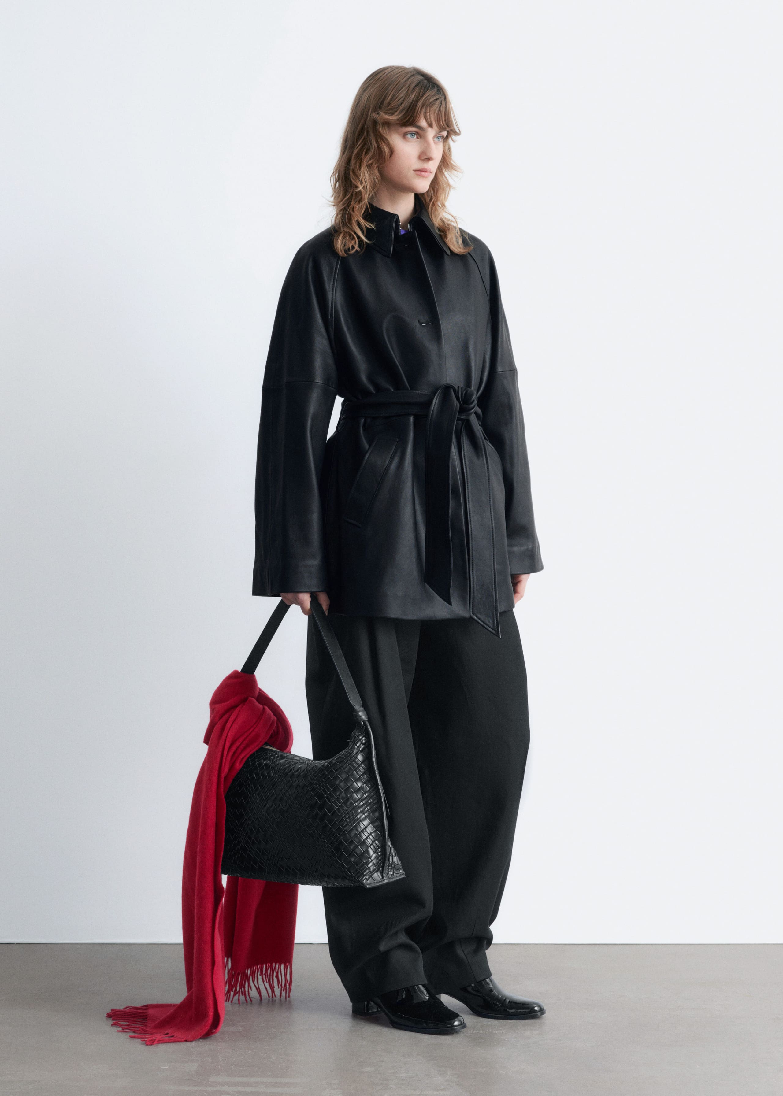 Image of Tie-Belt Leather Coat