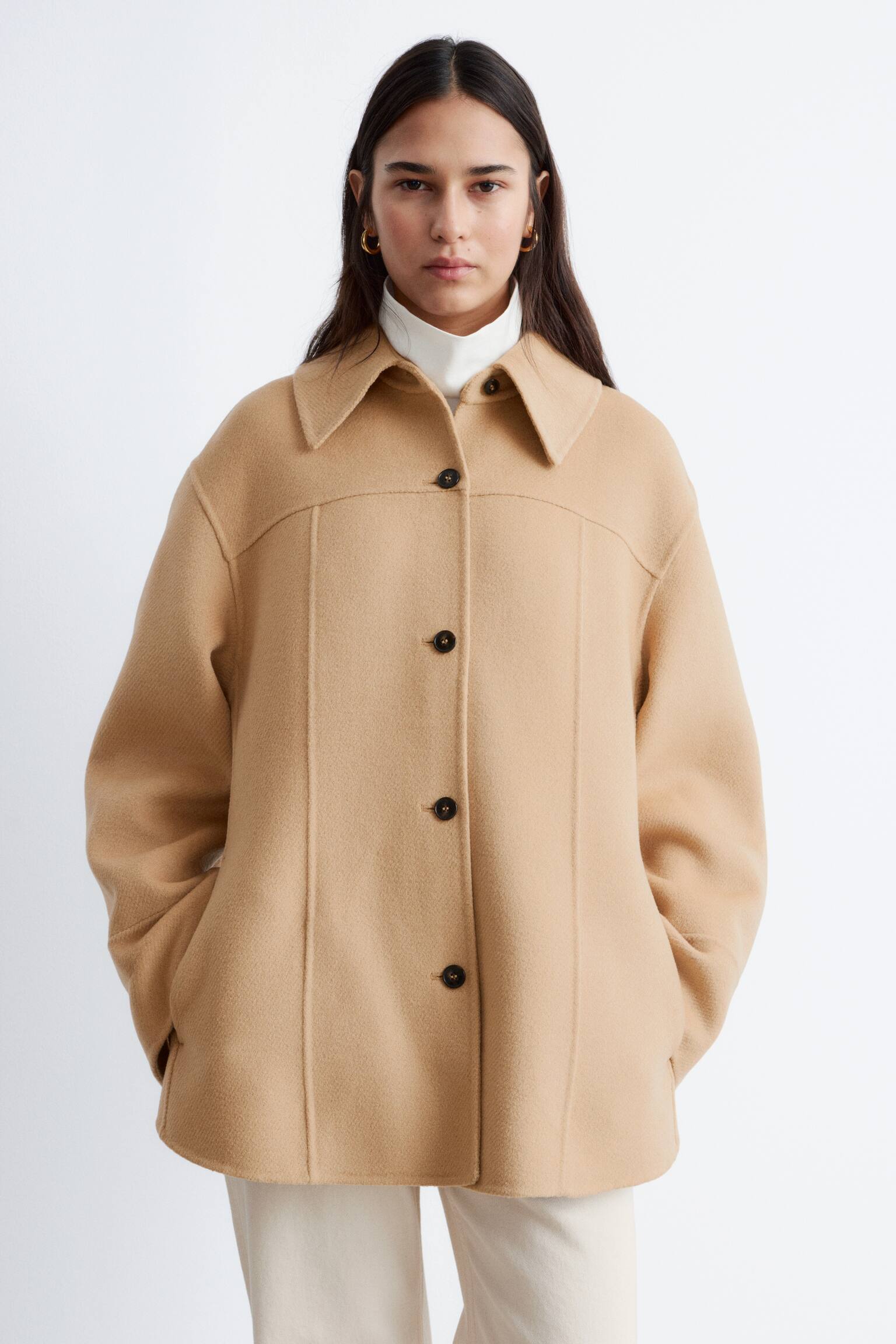 Ulljacka med intagen midja - Beige/Marinblå - 8