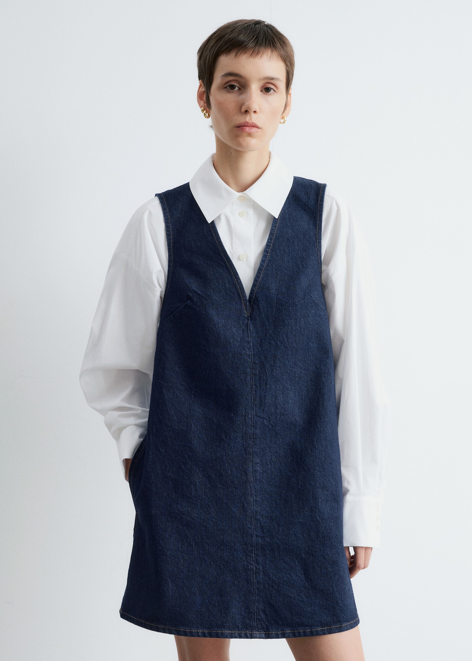 V-Neck Denim Mini Dress - Dark Blue