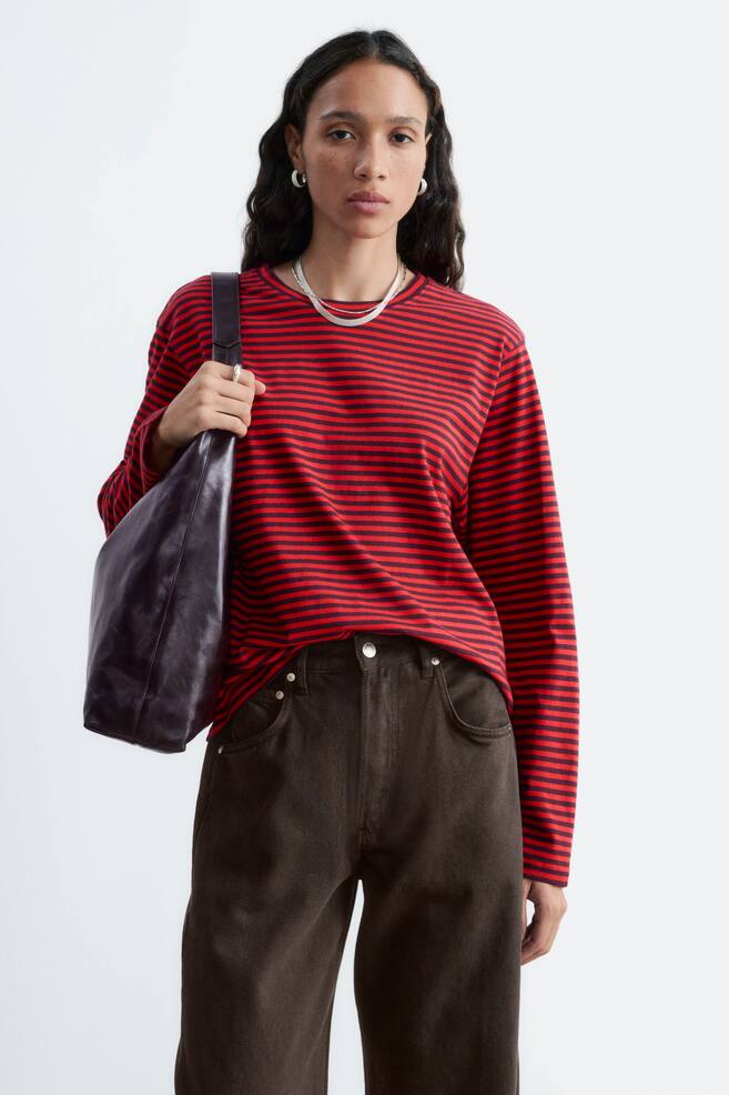 Camisola de malha de algodão - Vermelho/Riscas/Branco-sujo/Riscas/Branco - 1
