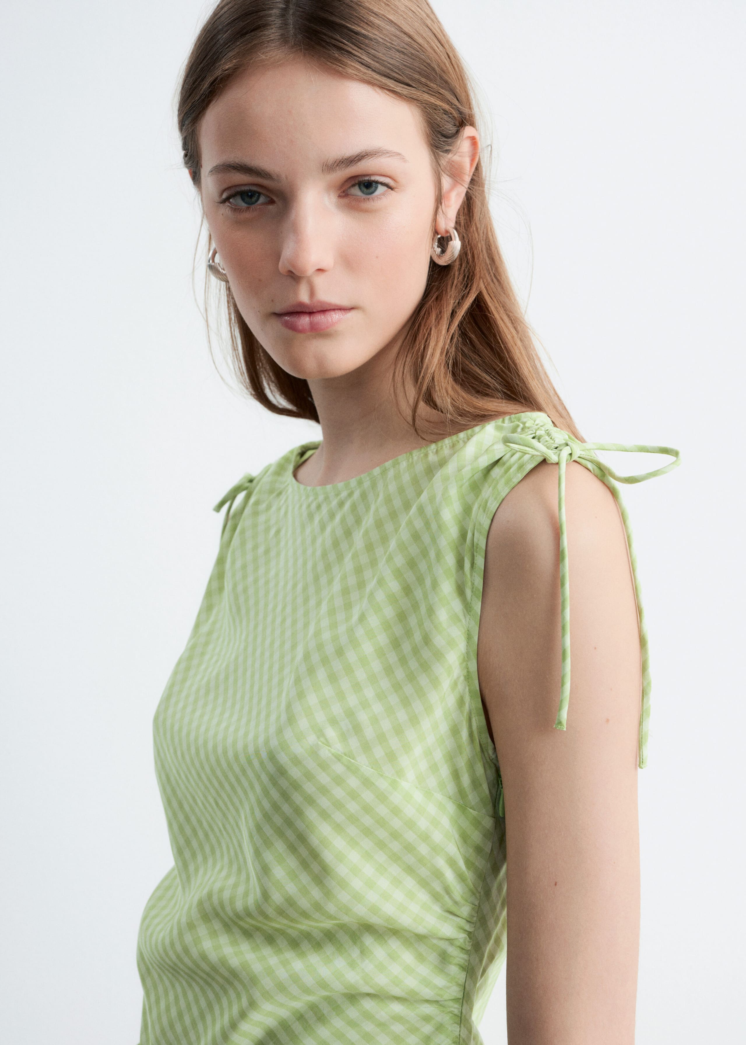 Asymmetric Draped Midi Dress - Light Green/Gingham Checked - Lookbook