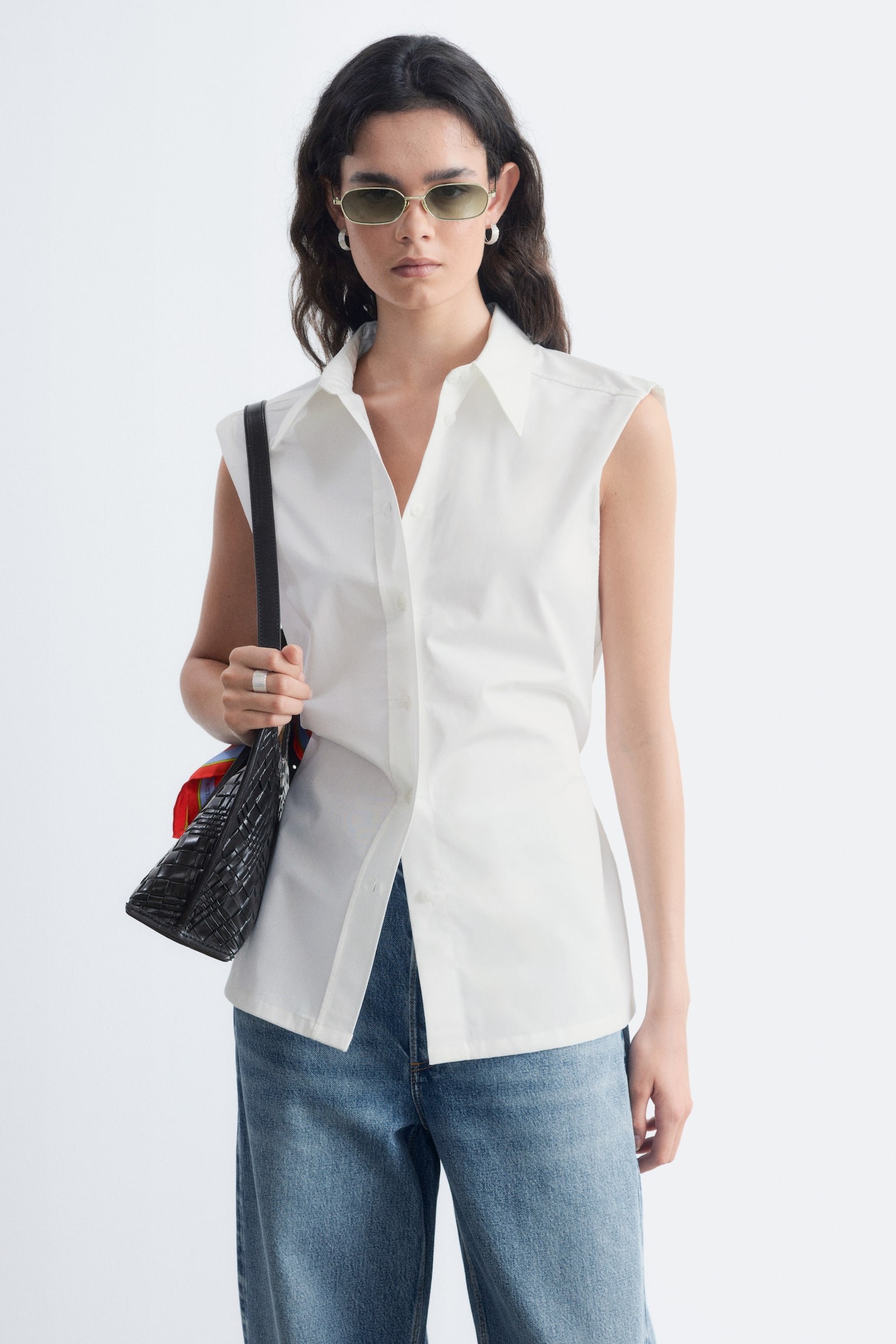 Chemise sans manches en coton pima - Blanc/Brun/Bleu clair - 1