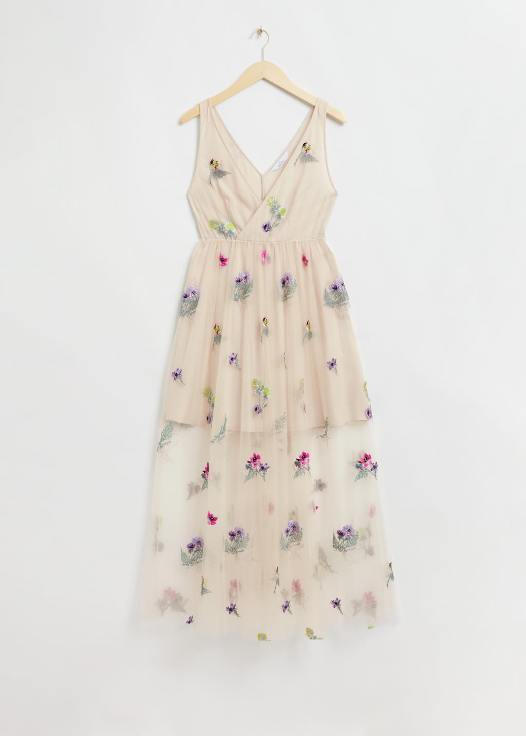 Embellished Gathered Tulle Dress - Light Beige Floral Embroidery - Still Life