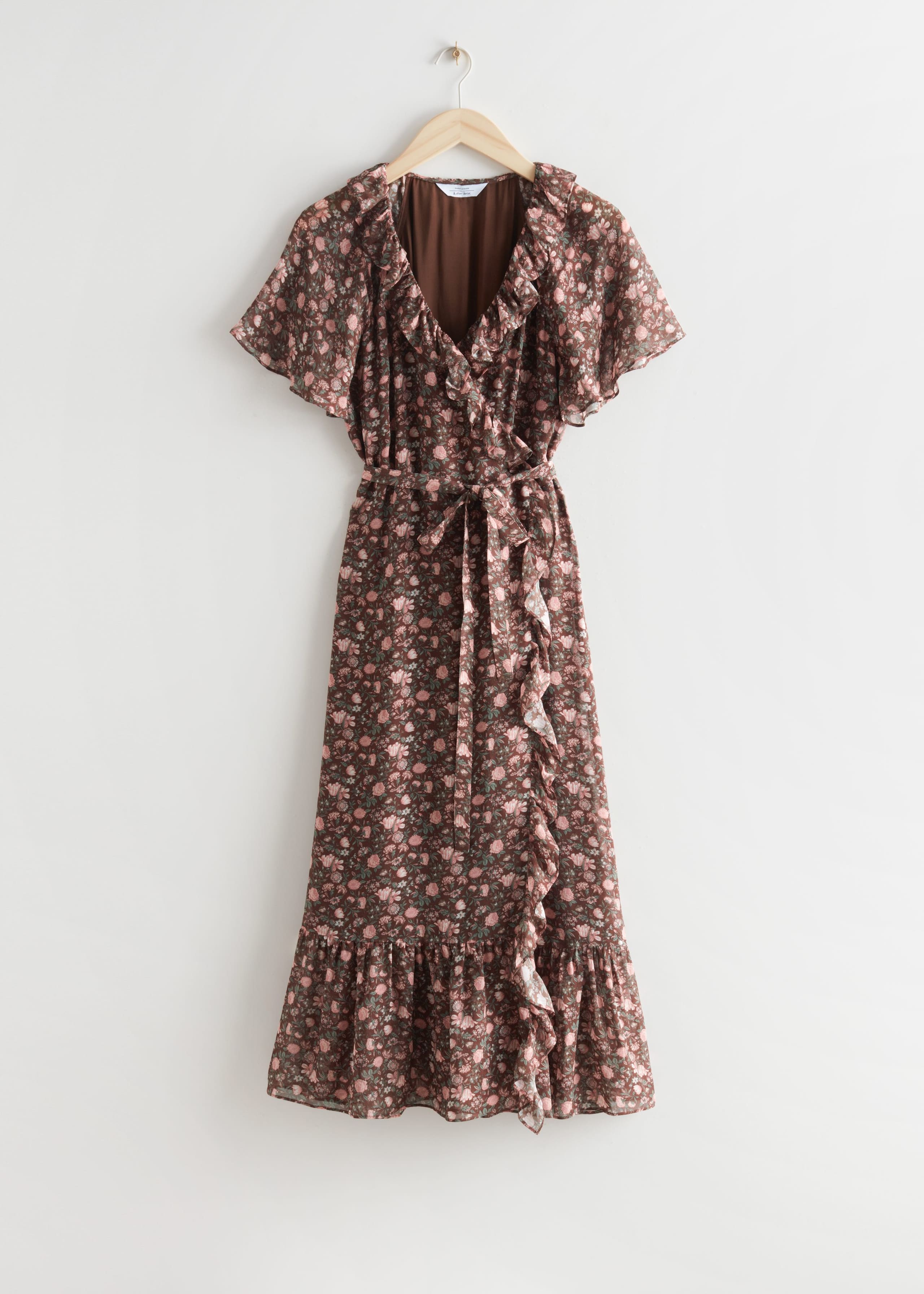 Ruffled Midi Wrap Dress - Brown Florals - Natura morta
