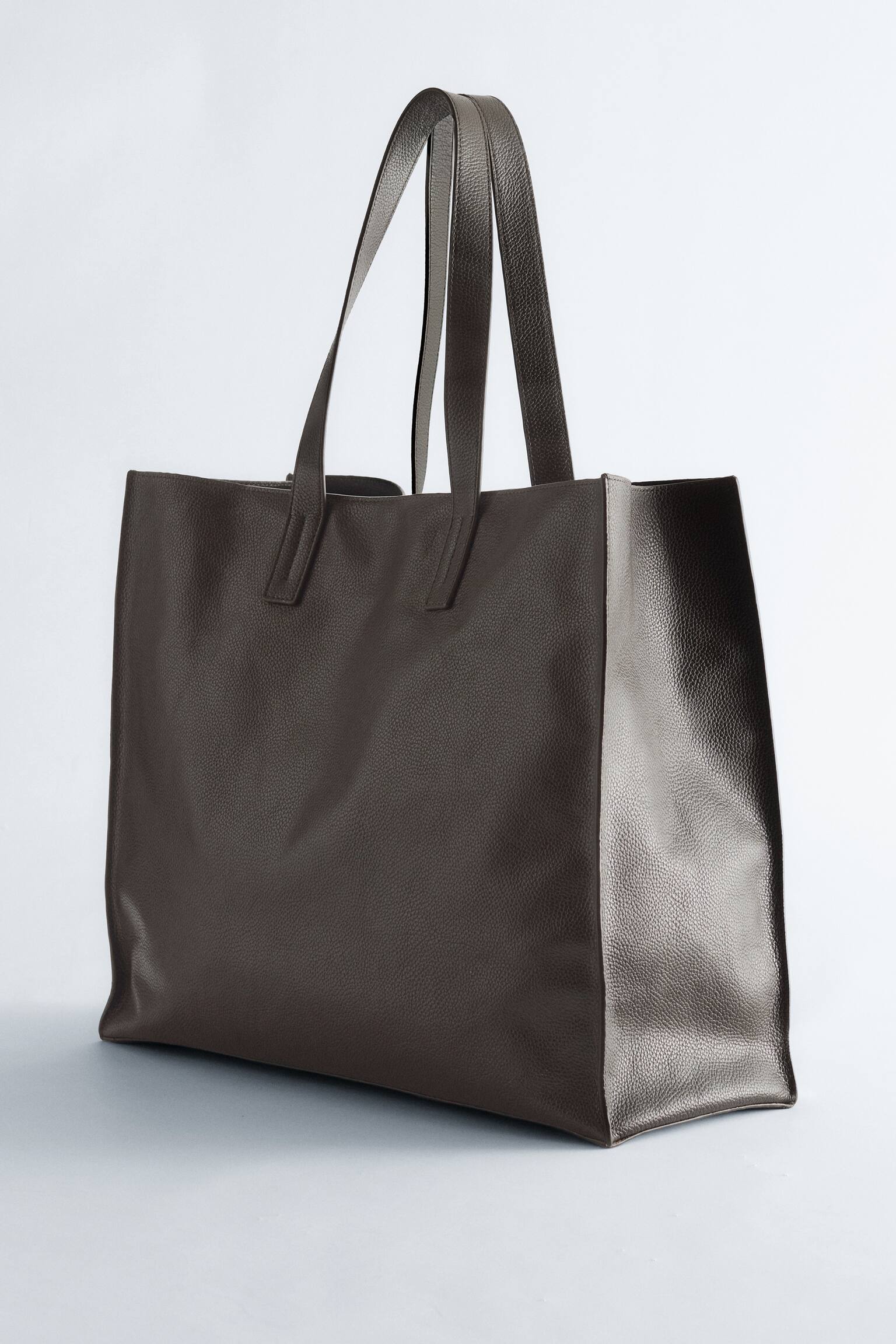Tote bag en cuir - Brun foncé mat/Gris/Brun foncé verni/Vert kaki - 4